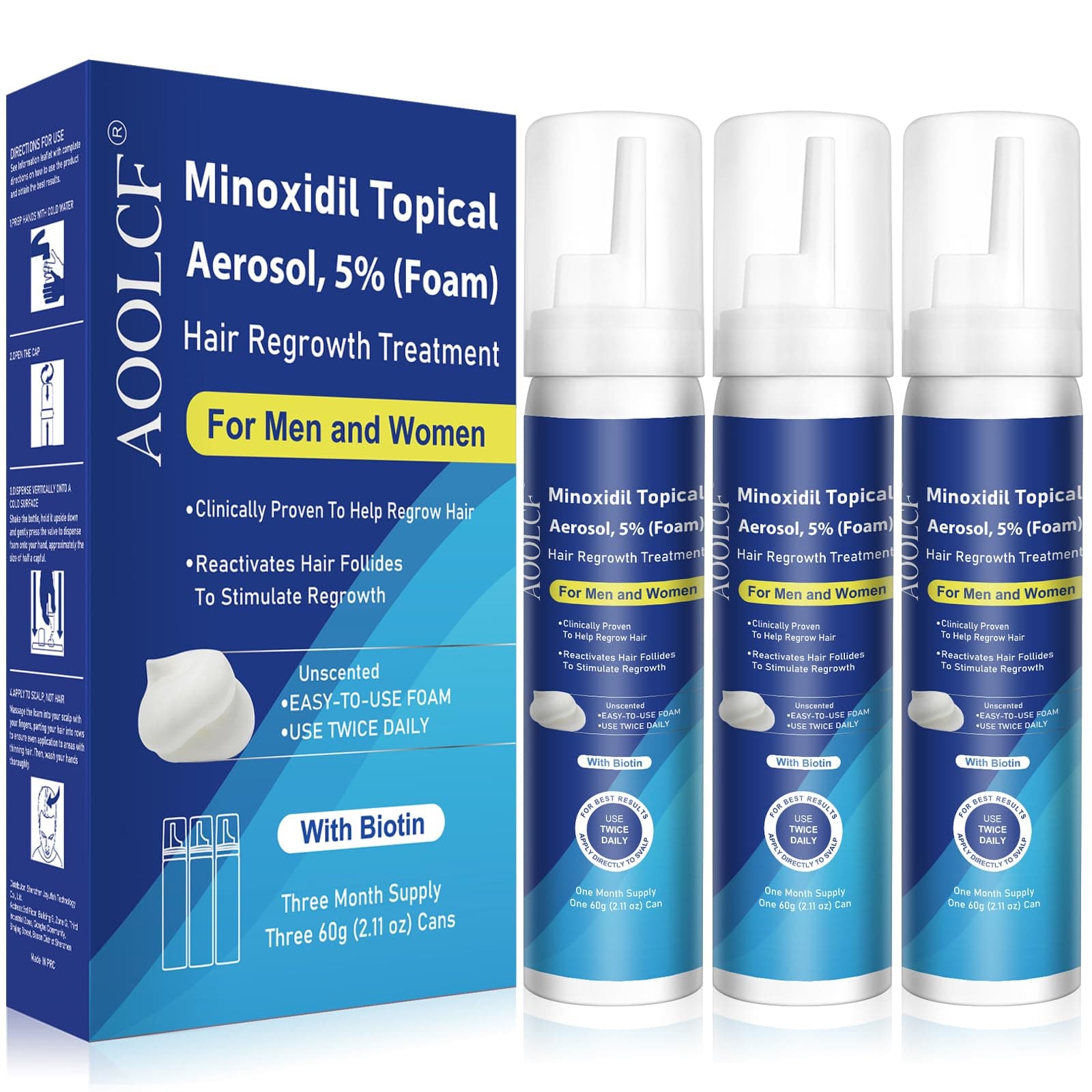 5% Topical Minoxidil Foam, Minoxidil for Men and Women, Infused with Biotin, Hair Growth Treatment, Supports Thicker and Fuller Hair & Beard (Minoxidil Foam, 6.33oz, 3 Month Supply)
