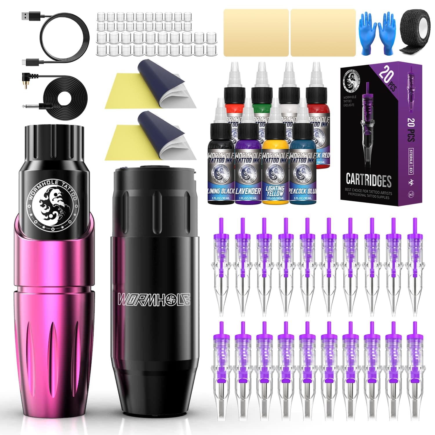 Wormhole Cordless Tattoo Machine, Completely Tattoo Gun Kit with Tattoo Battery Power Supply 20PCS Cartridge Needles 8PCS Colorful Ink TK127
