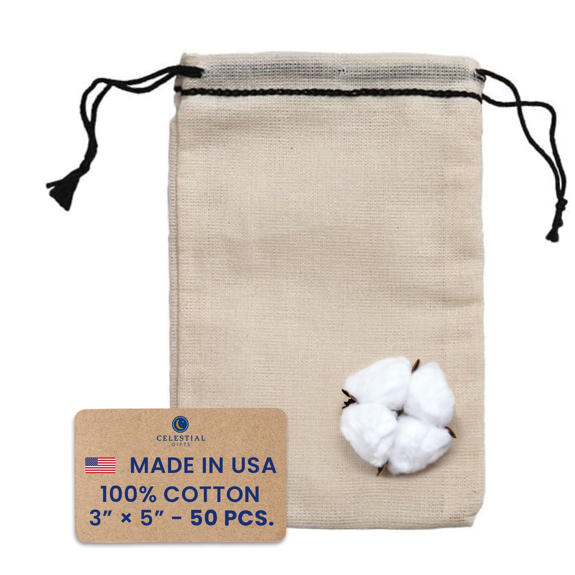 Celestial Gifts Muslin Bags - Drawstring Small 50pcs - 3x5, Reusable Tea Bags, Jewelry Gift, Spice and Cotton Gift Sachet - 100% Cotton - Made in USA - (Black Hem & Drawstring)