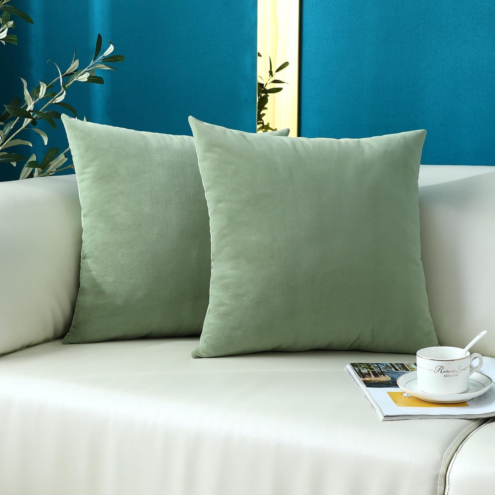 mixeoo Comfy Light Green Throw Pillow Covers Decorative Square Velvet Super Soft Sage Cushion Couch Cases for Livingroom Sofa Decor, Set of 2, 18 x 18 Inch