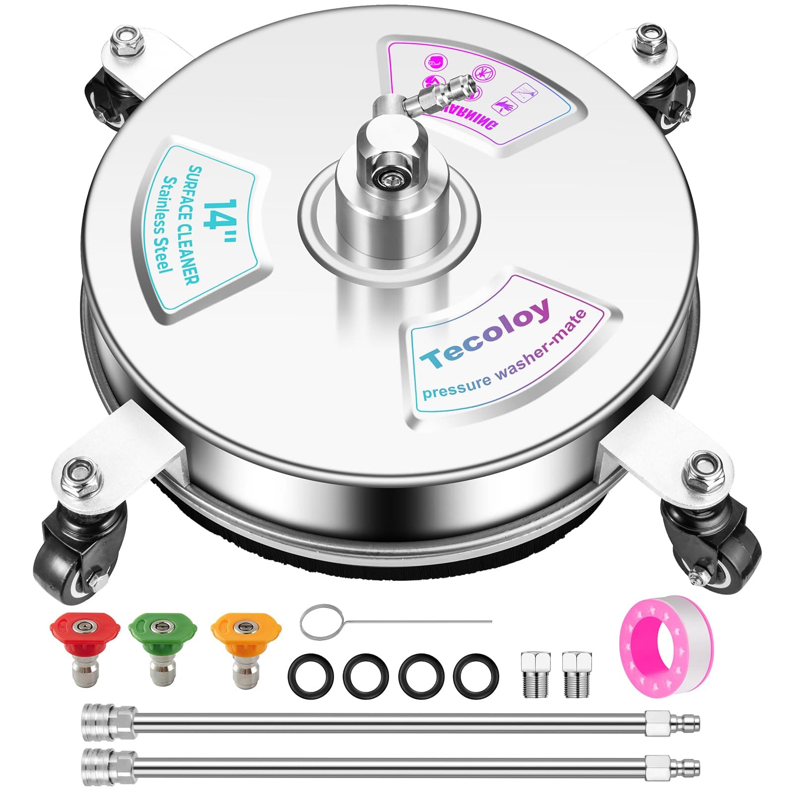 14" Pressure Washer Surface Cleaner with 4 Wheels-Stainless Steel Power Washer Accessory for Concrete Driveways Sidewalks Patios Cleaning with 3 Spray Nozzles