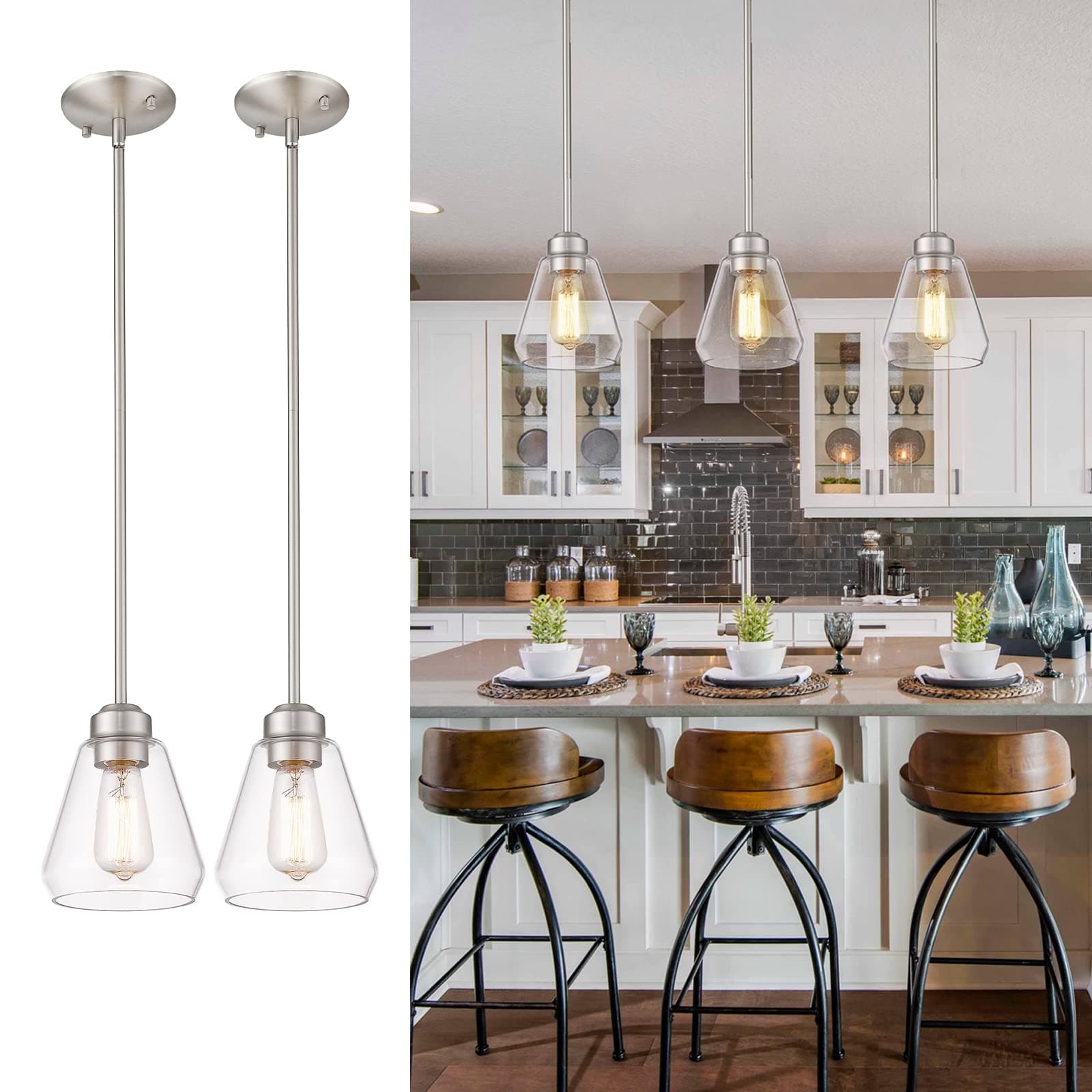 Beionxii Glass Pendant Lights | Modern Brushed Nickel Pendant Lighting for Kitchen Island, Dining Room, Over The Sink - Set of 2