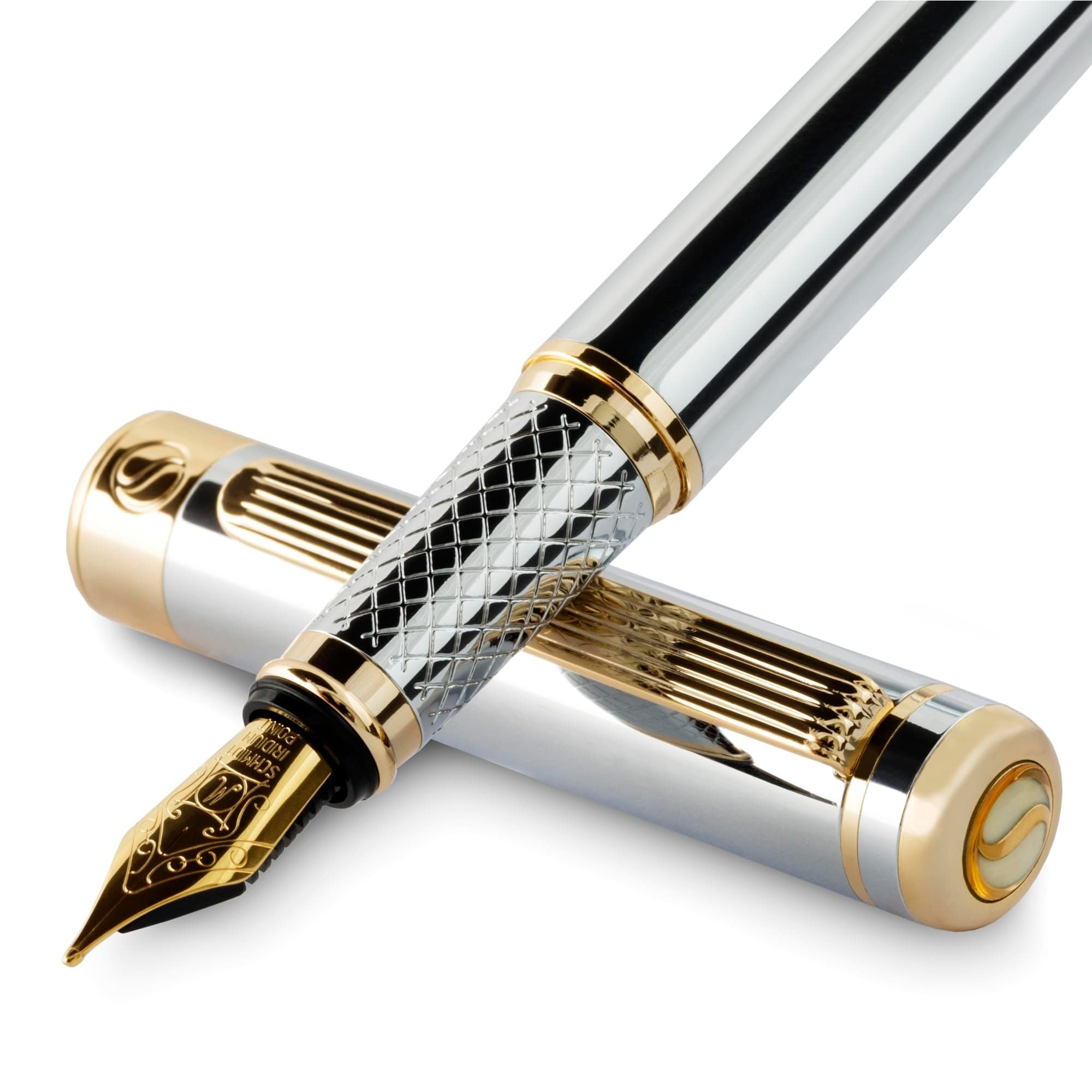 Silver Chrome Fountain Pen - Stunning Luxury Pen, Real Gold Plating, Schmidt Gilded Nib (Medium), Best Pen Gift Set for Men & Women, Professional, Executive Office, Nice Designer Pens