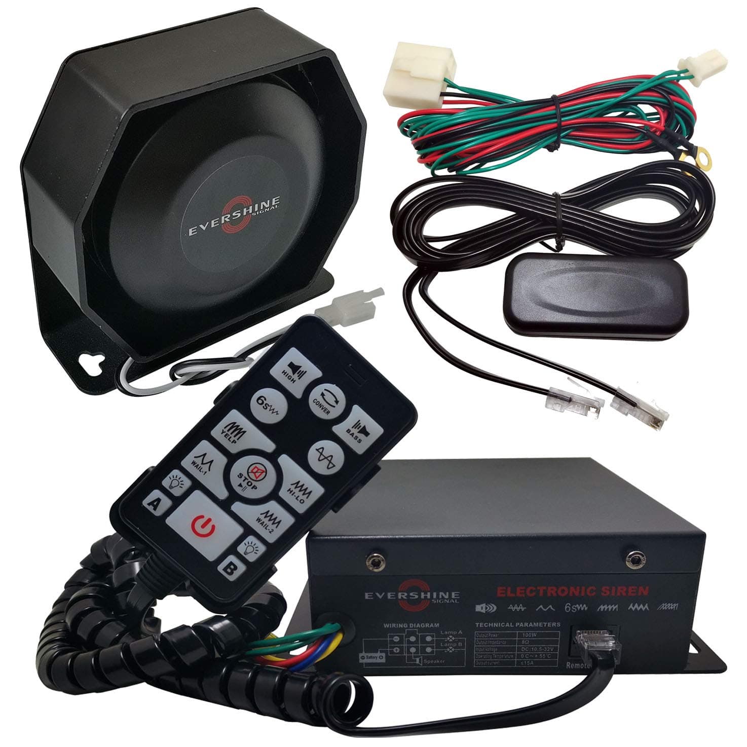 12V/24V 100W Police Siren PA System Kit with Plug-to-Work Wirings Slim Speaker Handheld Microphone Warning Emergency Sirens for Vehicles Tow Truck UTV ATV Van Car POV RV