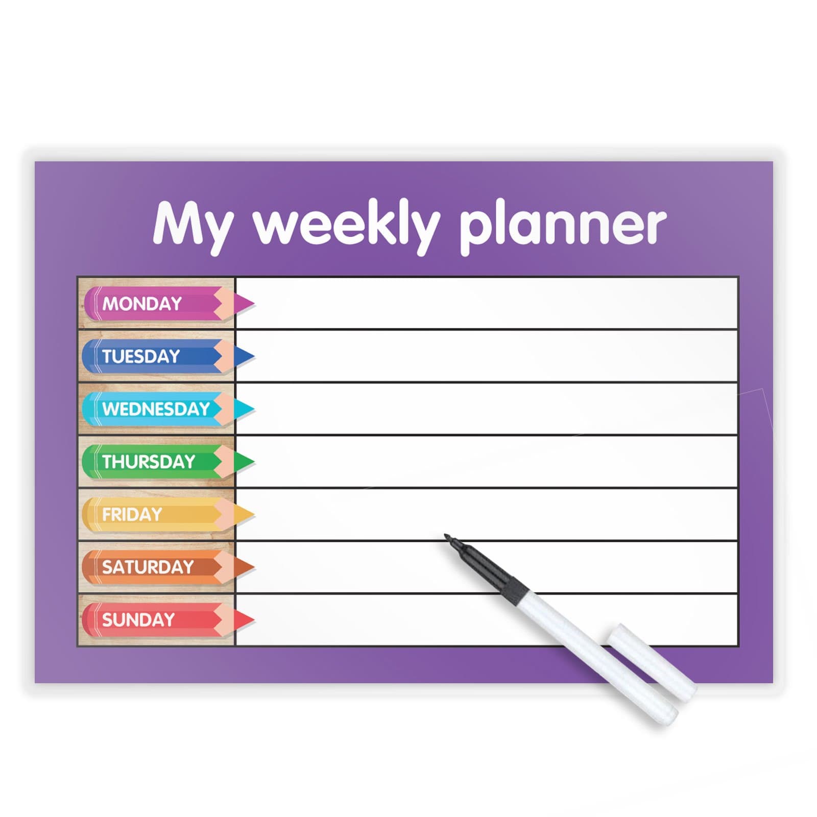 MY WEEKLY PLANNER - Wipe clean finish - Free dry-wipe pen -SHOPPING/KIDS/TASKS Purple