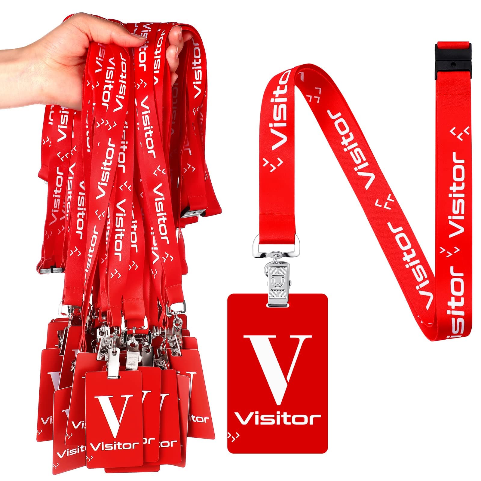 PerKoop 25 Pack Visitor Badge Lanyards Volunteer Badge Holder with Clips ID Card Holder with PVC Pass Card Reusable Breakaway Lanyards for Company Exhibition Guest Visitor(Red)