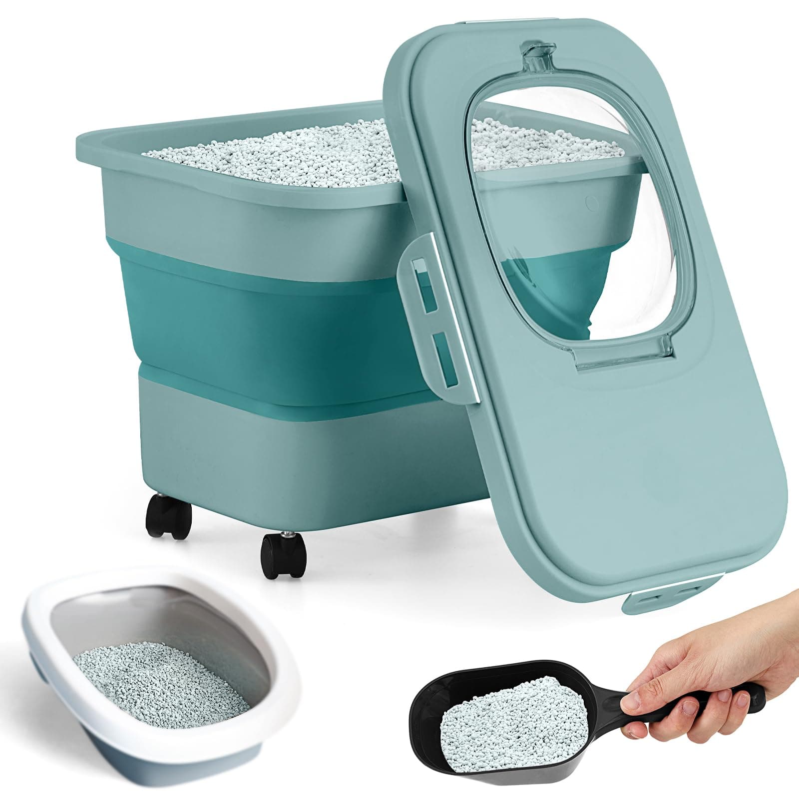 Juexica Collapsible Cat Litter Storage Bin Container with Airtight Lids, Portable Cat Litter Storage Container with Wheels, Kitchen Cereal Rice Leakproof Sealable (Green)