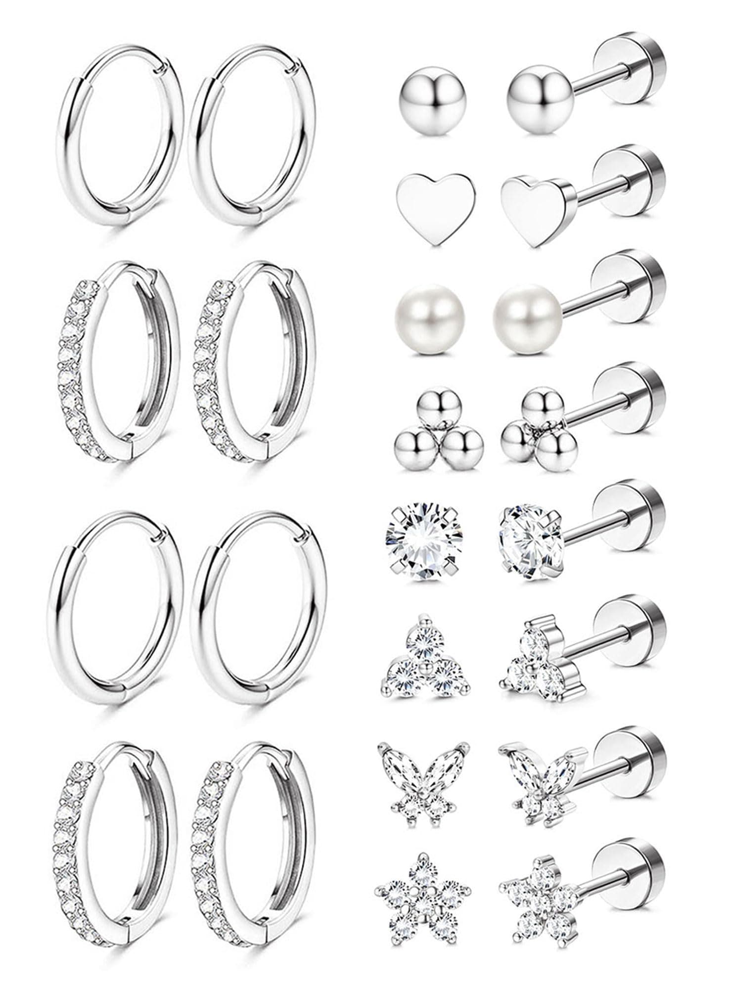 Hypoallergenic 14K Gold Plated Stud Hoop Earrings for Women Men Surgical Stainless Steel Flat Back Earrings Small Huggie Hoops Cartilage Earring Set for Multiple Piercing Jewelry Gift for Women