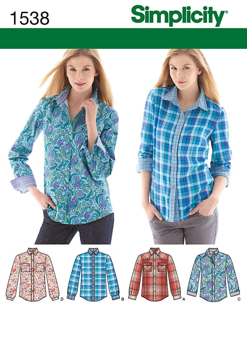 1538 Women's Button Up Shirt Sewing Patterns, Sizes 14-22