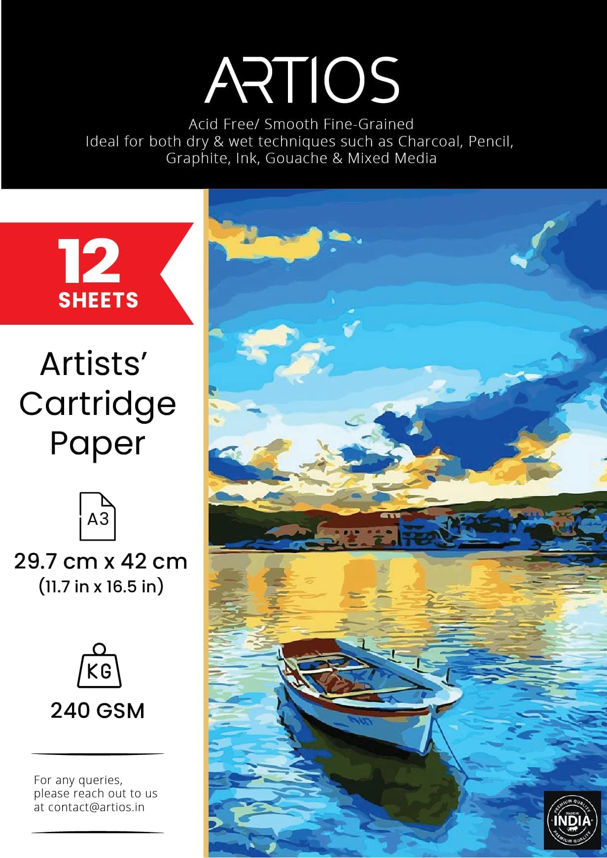 ARTIOS Mixed Media Cartridge Paper A3 240 GSM - 12 Drawing Sheets for Artists, Ideal for Charcoal, Graphite, Acrylic, Watercolor, Gouache, Ink, & Other Mixed Media