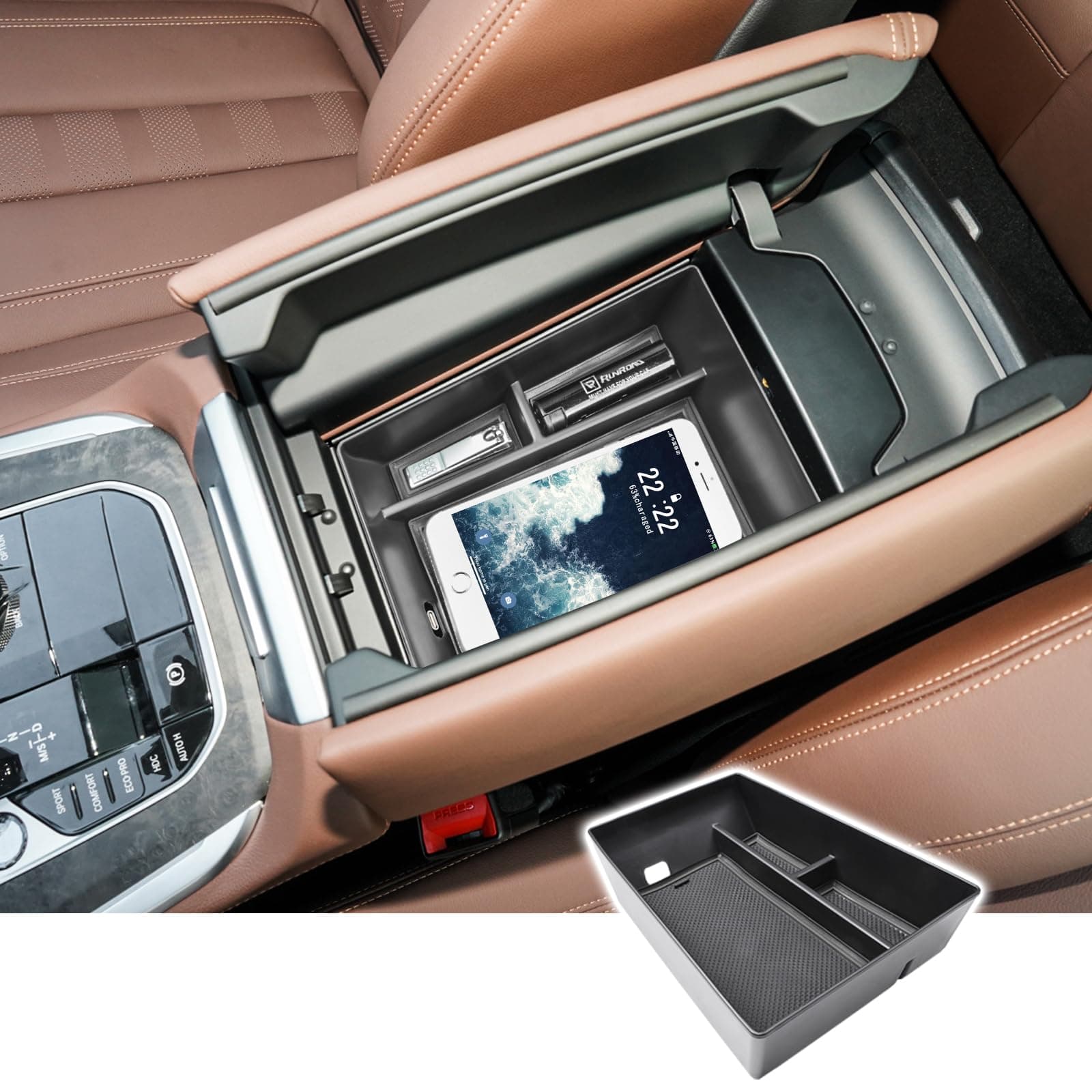 RUNROAD Center Console Organizer Tray Compatible with 2019-2024 BMW X5 G05/ X6 G06/ X7 G07 Accessories, Insert Armrest Organizer Secondary Storage Box Coin Holder Console Tray, Black