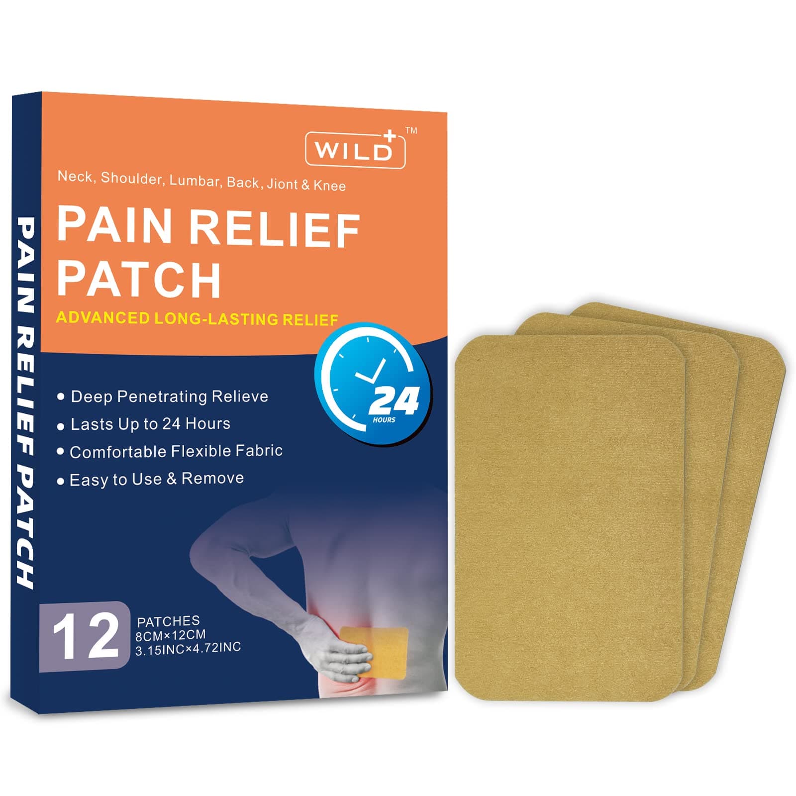 WILD+ Trimmable Deep Penetrating Heat Patch for Back Pain Relief - 12PCS Long-Lasting Adhesive Patches for Shoulder & Muscle Pain,Safe and Effective Natural Hot Therapy