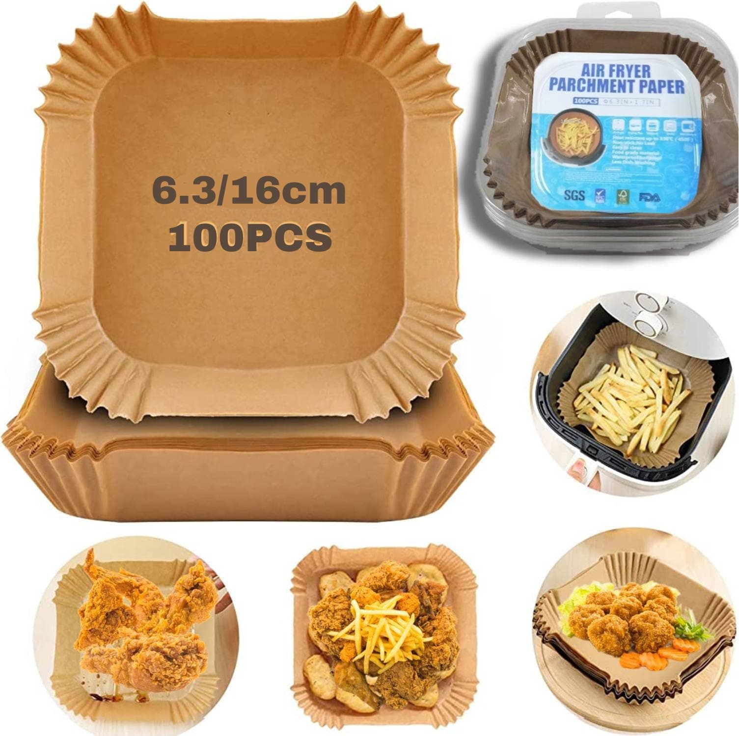 Pack of 1 ||MAC Extra Thick|| Air Fryer Disposable Paper Liner 100Pcs, AirFryer paper Water-Grease-proof,Thick Air Fryer Liners, Parchment Paper Baking Roasting, ||Bottom size 6.3inch/16cm, Square||
