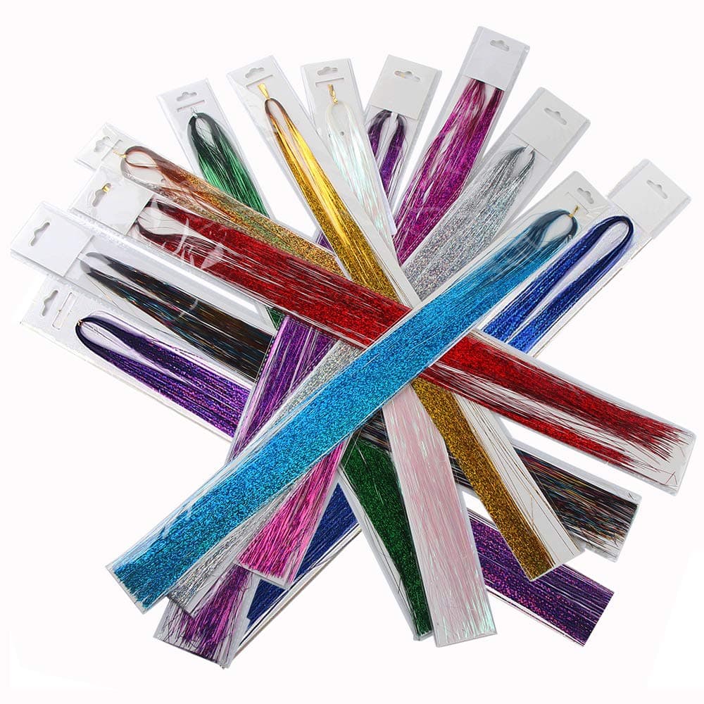 40" Hair Tinsel 1200 Strands Hair Extensions Sparkling Shiny Party Stage Dance Highlights Glitter Bling Multi-Colors in 12 Colors