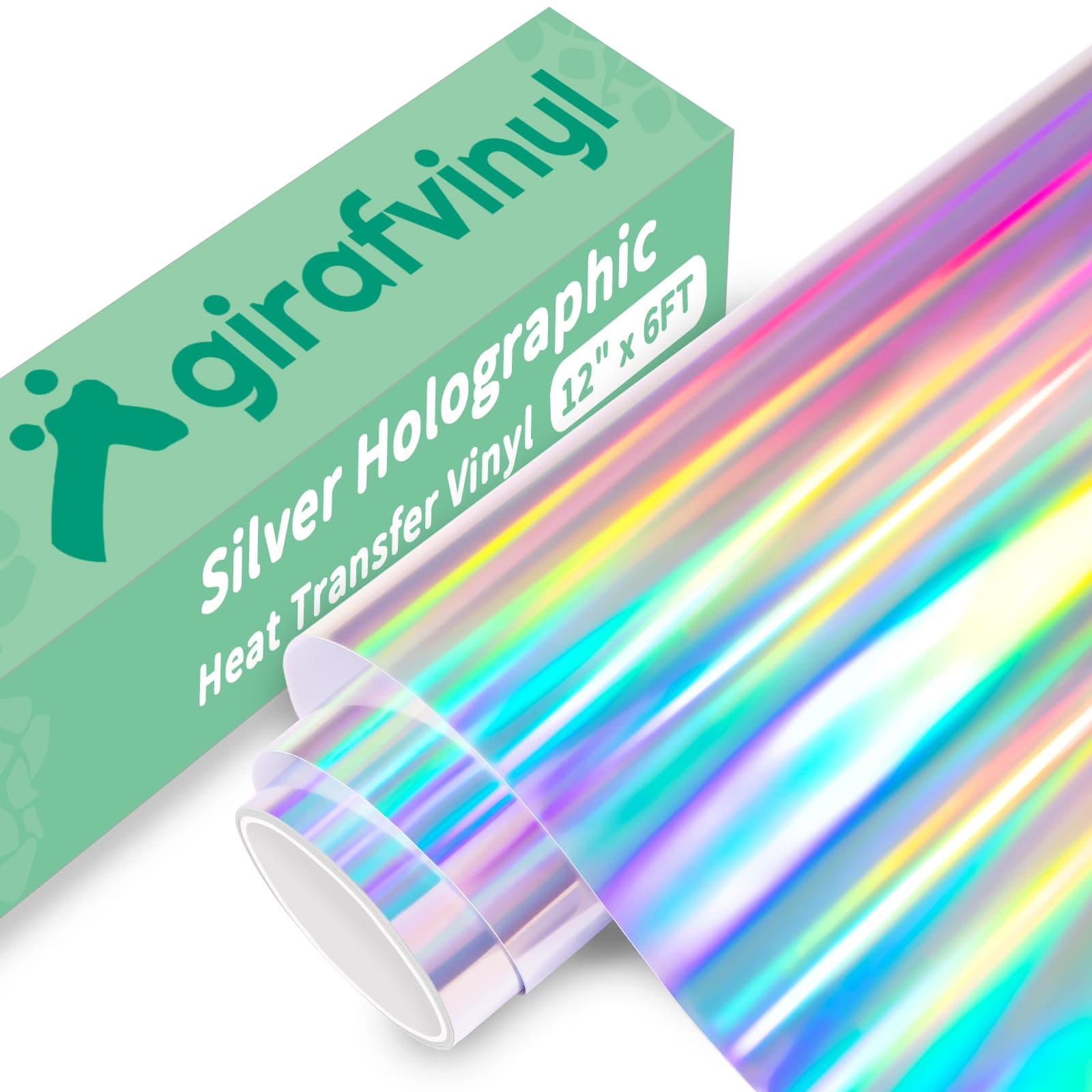 GIRAFVINYL Rainbow Silver Holographic Heat Transfer Vinyl 12" x 6ft Silver Metallic HTV for T-Shirts, Clothing, Rainbow Iron on Vinyl Work with Craft Cutter
