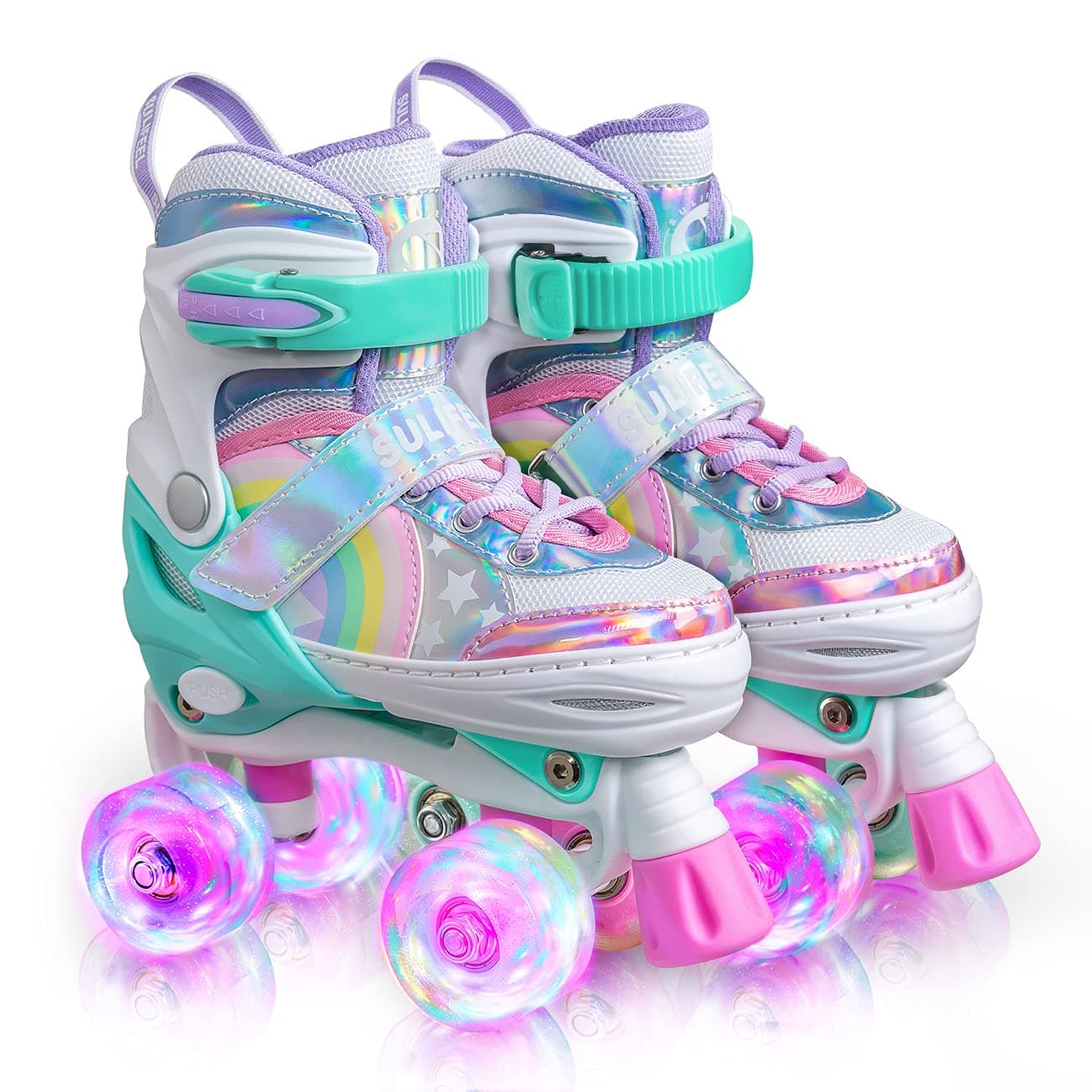 SULIFEEL Rainbow Unicorn 4 Size Adjustable Light up Roller Skates for Girls Boys for Kids - Medium(13C-3Y US)