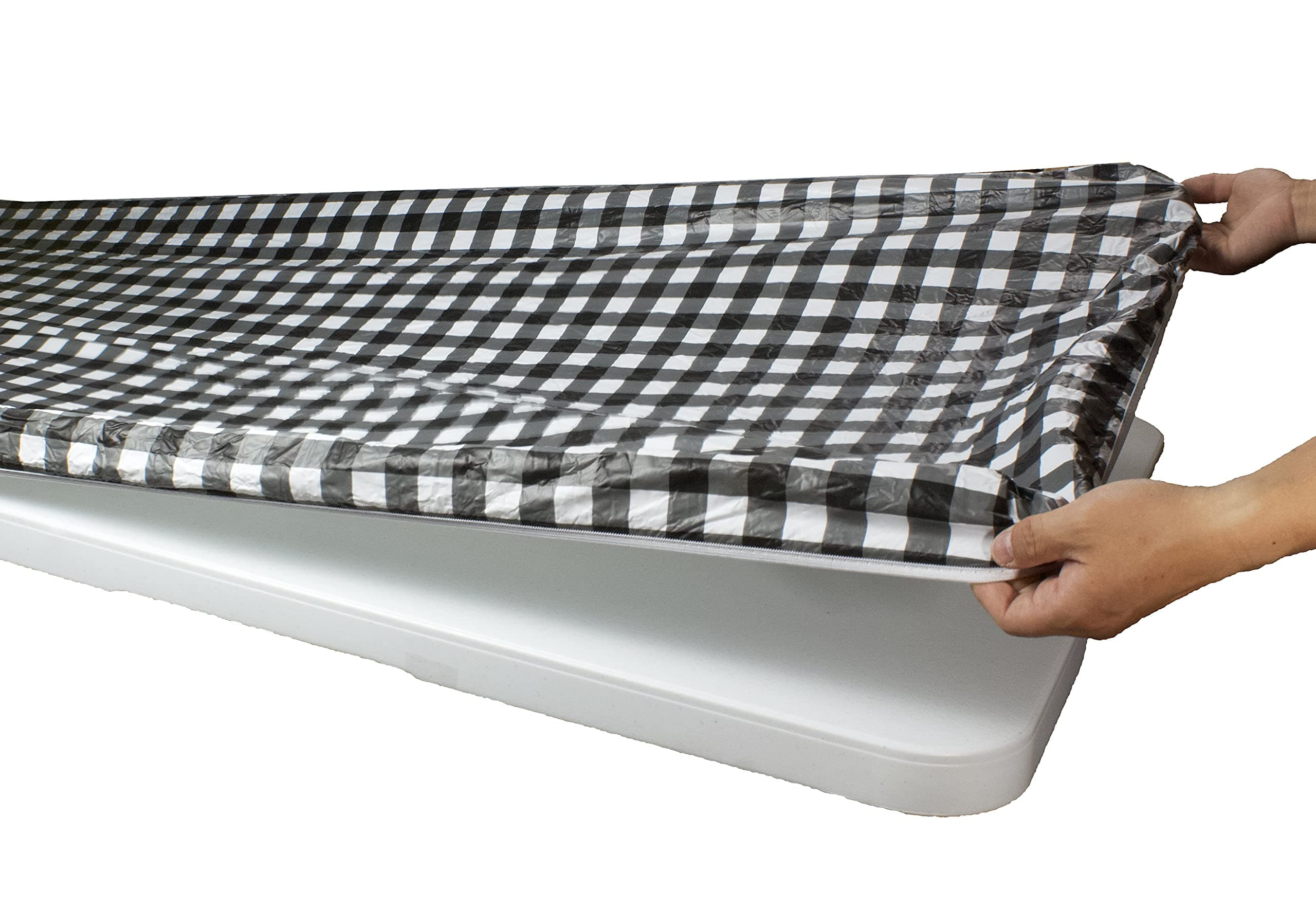 Outdoor Fitted Vinyl Rectangular Tablecloth with Flannel Backing for 6 FT Table (30 x 72''), Waterproof Wipeable Cover, Black/White Gingham Check Plastic for Camping Parties Picnic