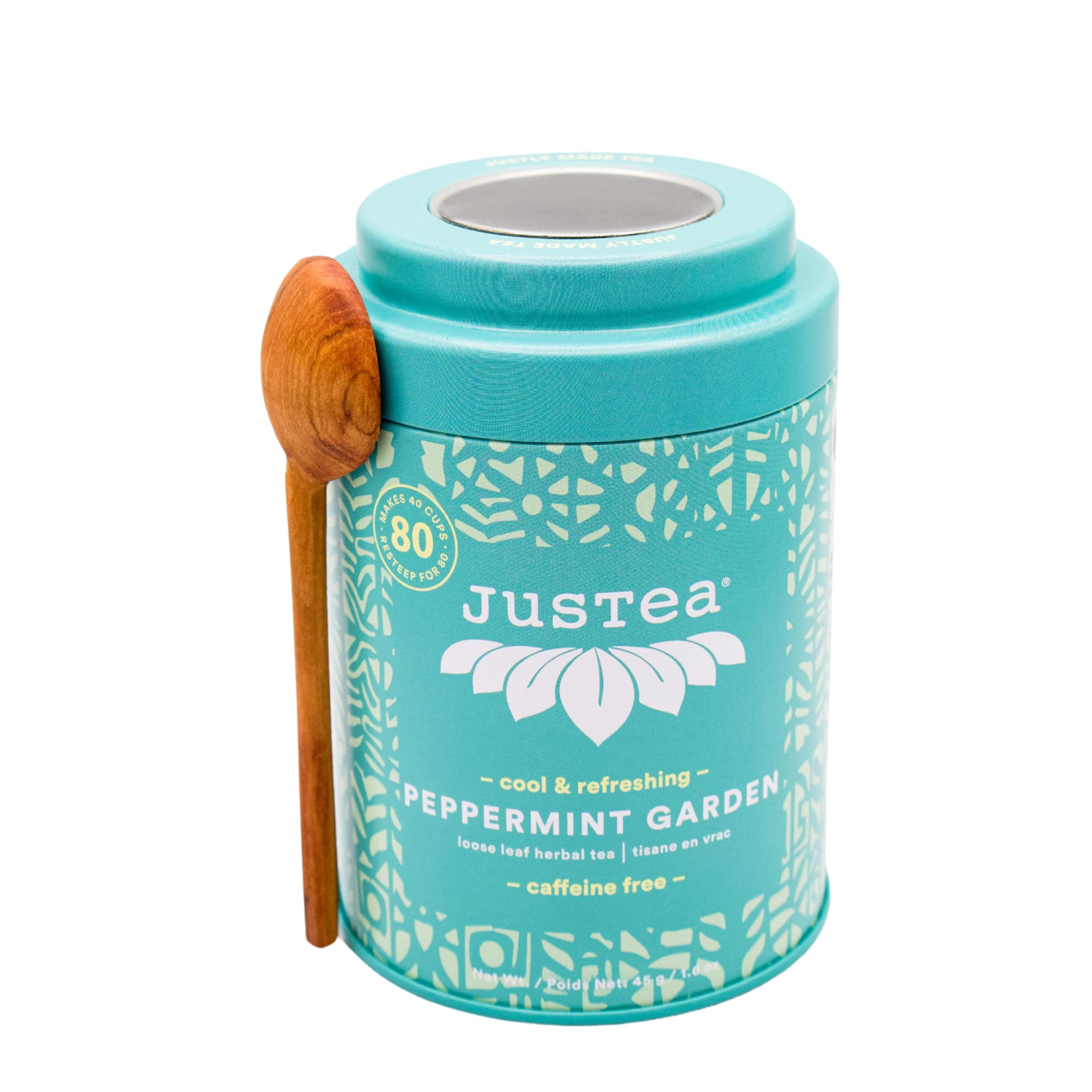 JusTea PEPPERMINT GARDEN | Loose Leaf Herbal Tea | Tin with Hand Carved Tea Spoon | 40+ Cups (1.6oz) | Caffeine Free | Award-Winning | Fair Trade | Non-GMO