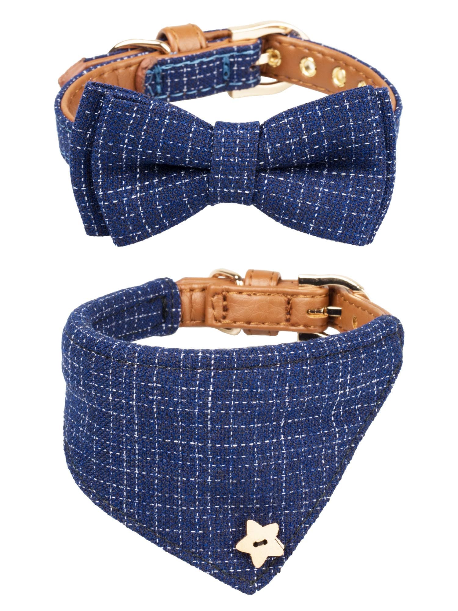 Small Dog Collar Puppy Cat Tiny Pet Bow Tie & Bandana 2pcs Set PU Leather Canvas Scarf Durable Blue Classic