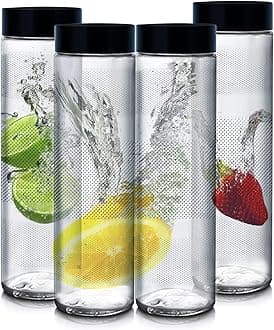 Set Of 4 Glass Water Bottles Set Wide Mouth Glass Bottles With Reusable Black Plastic Lids - For Juicing, Smoothies, Beverage Storage(750Ml Glass Water Bottle)