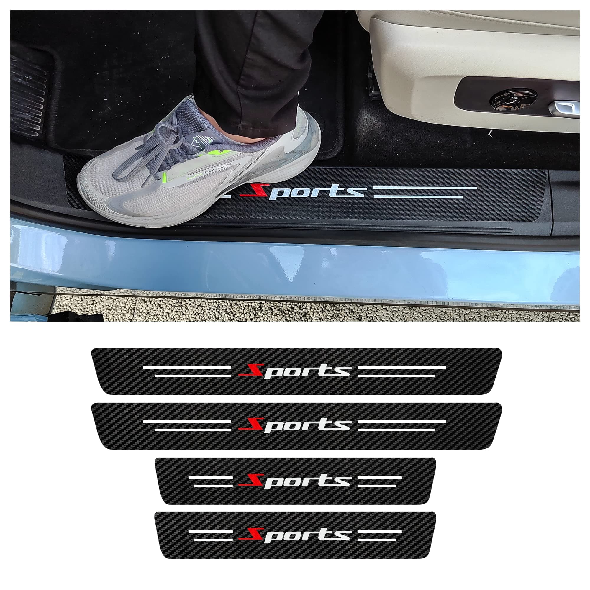 Turcee4PCS Car Door Sill Protector,Carbon Fiber Sport Threshold Anti-Scratch Sticker Door Edge Protection Decorate,Interior Accessories Self-Adhesive Anti-Scratch Waterpoor (White-Sport)