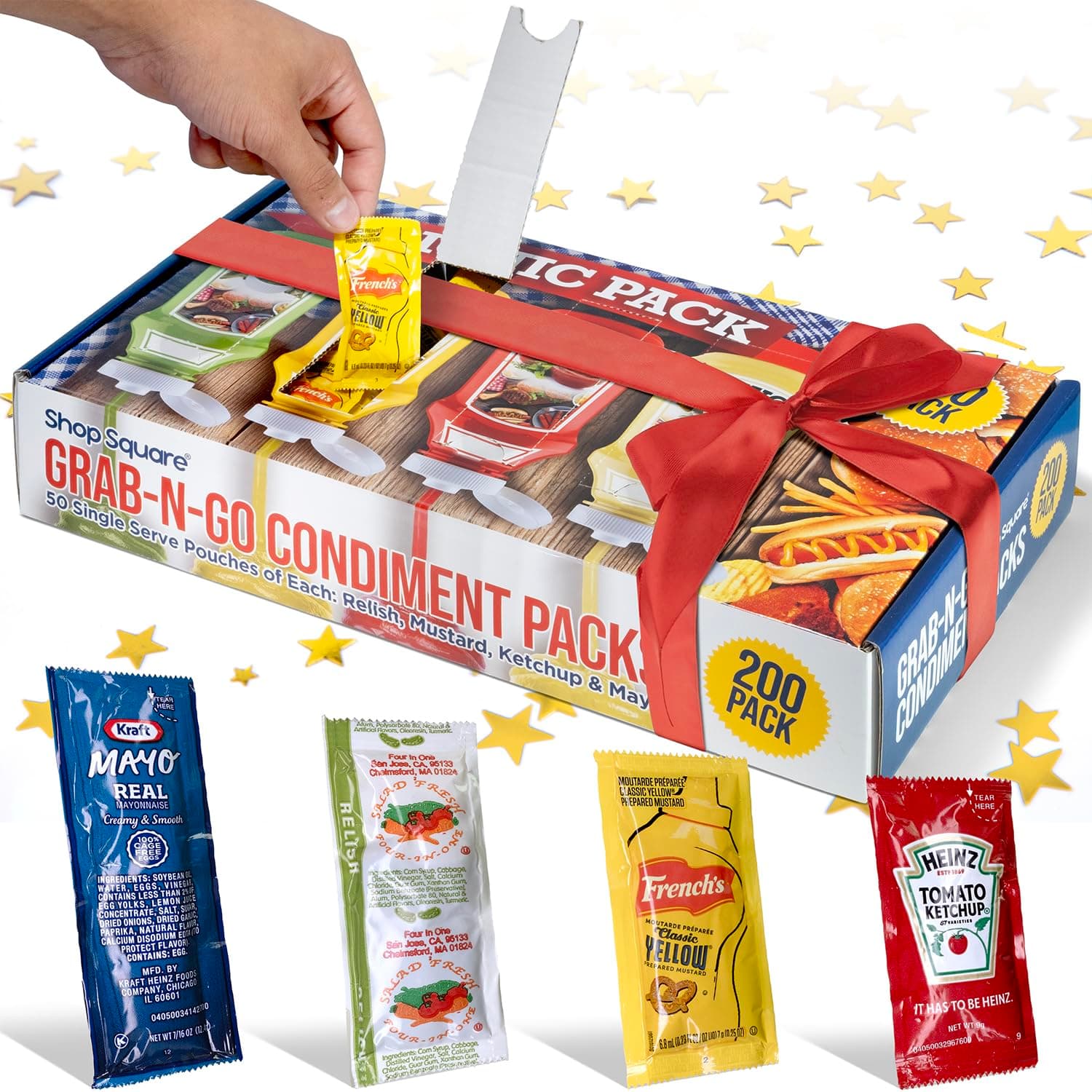 Grab-n-Go Condiment Packs - 50 Single Serve Pouches of Each: Ketchup, Mustard, Relish, and Mayo - Great for Picnics, Boxed Lunch, BBQ, Travel, Picnic and Parties (200 Condiment Packets Total)