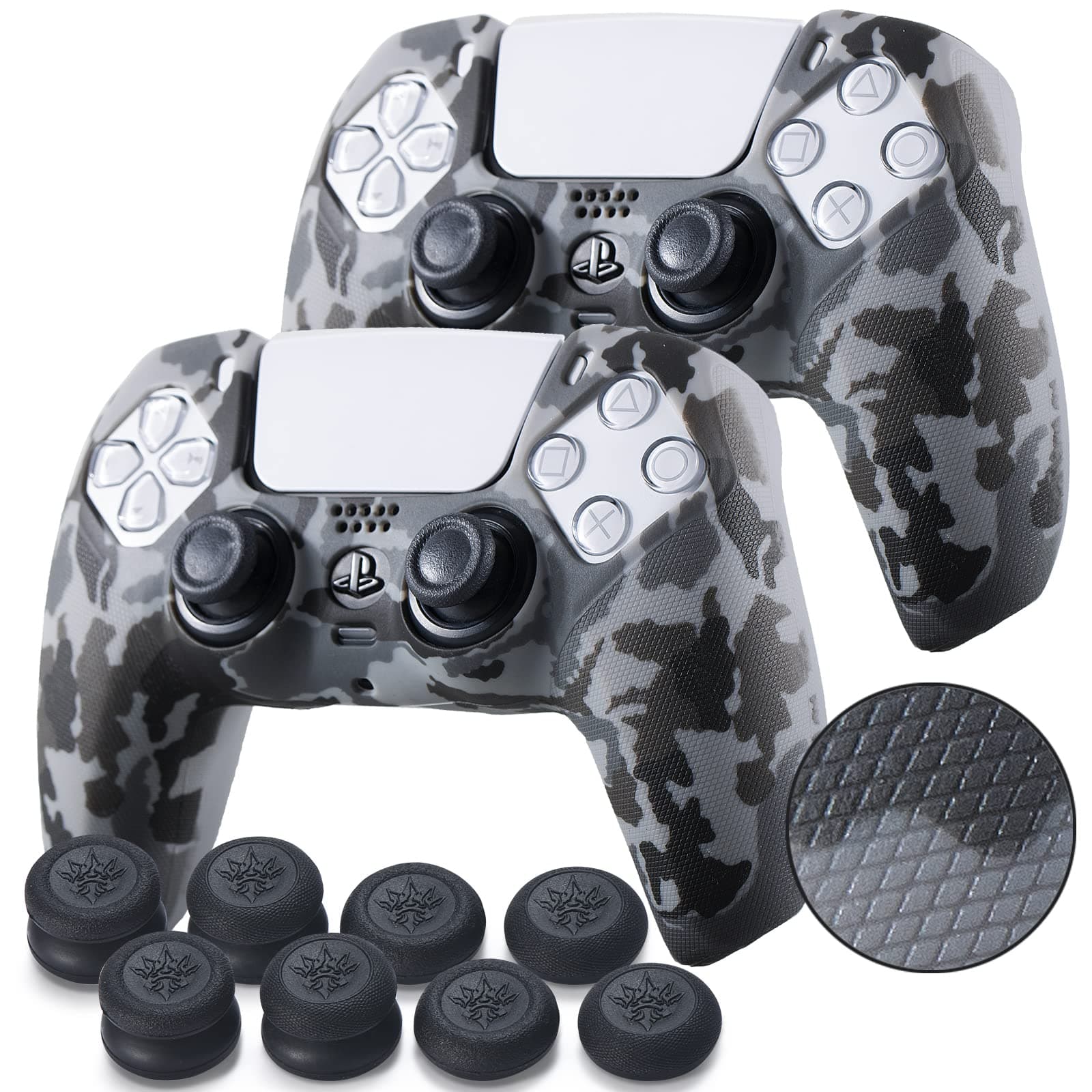 YoRHa Grip Texture Silicone Skin for PS5 Controller x 2(Grey Camouflage) with Pro Thumb Grips x 8