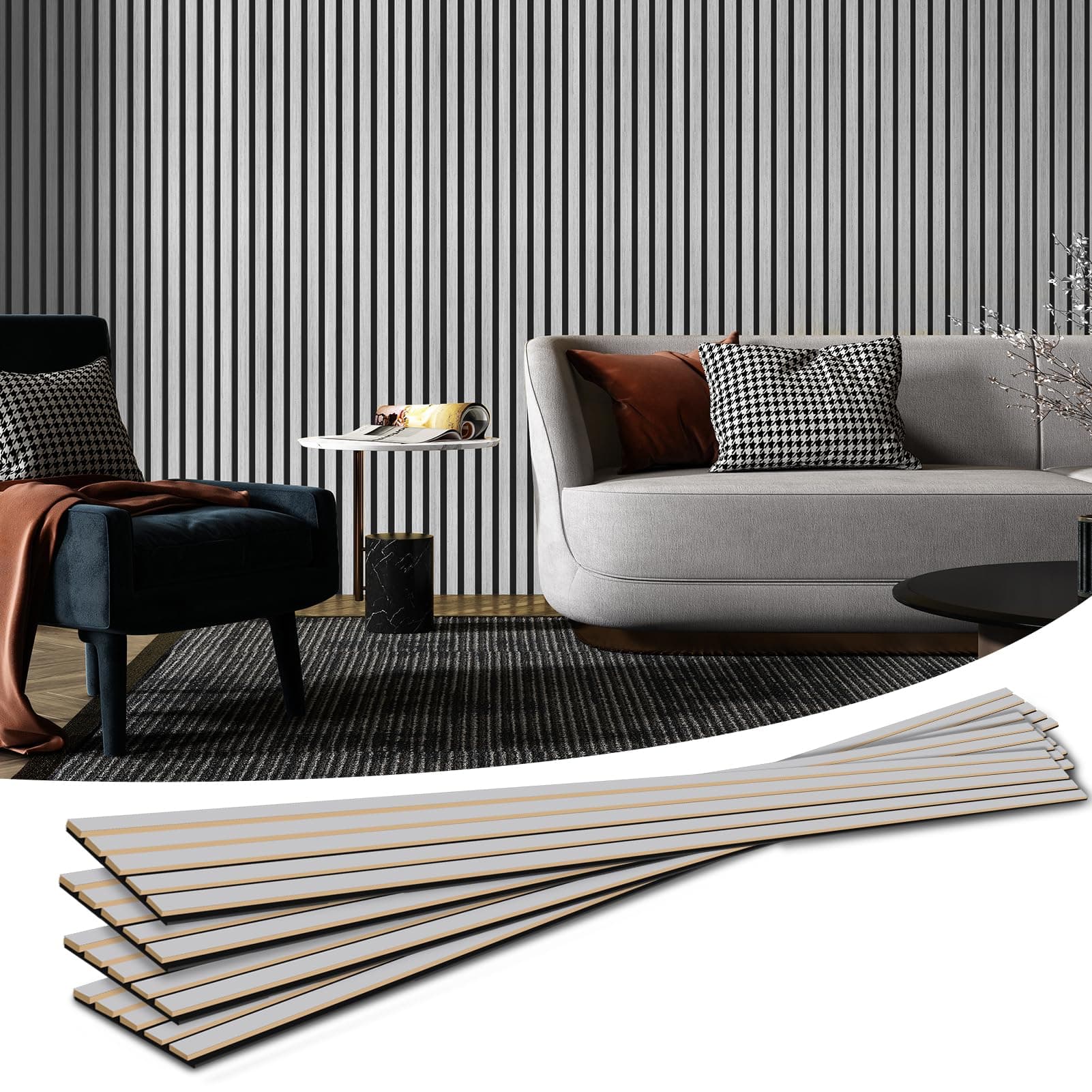 Art3d 4-Piece Wood Slat Acoustic Panels for Stylish Decor and Noise Reduction, 3D Textured Panel for Ceiling and Wall, Brushed Silver