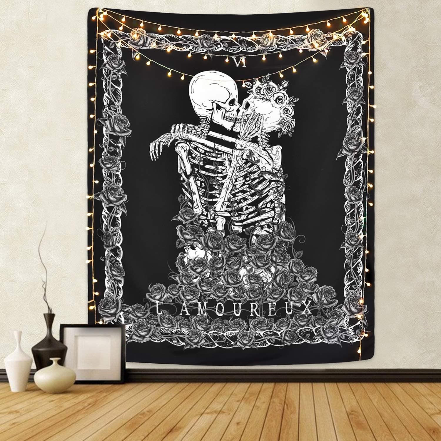 Krelymics Skull Tapestry The Kissing Lovers Tapestry Black Tarot Tapestry Human Skeleton Tapestry for Room(51.2 x 59.1 inches)