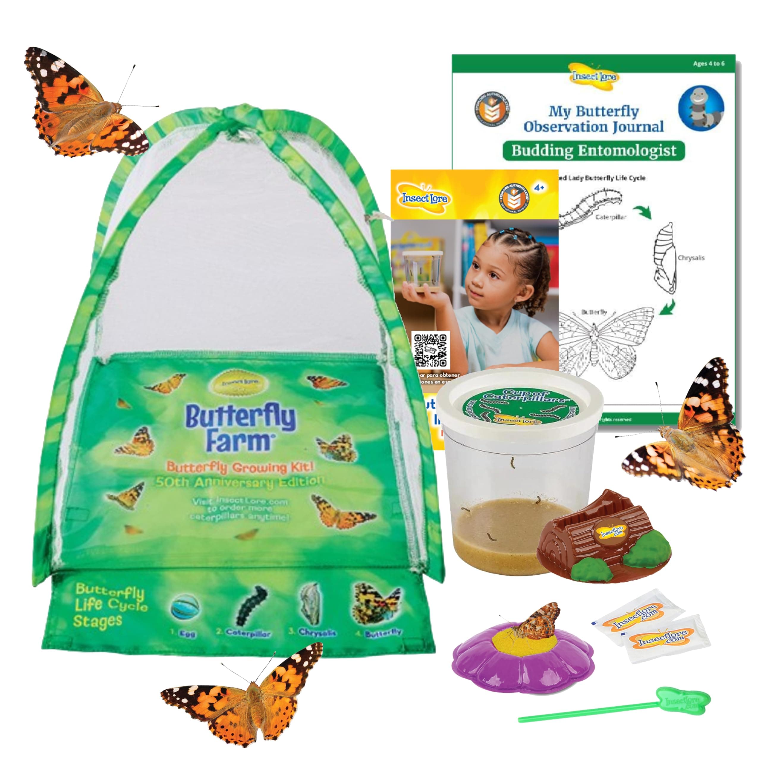 Insect Lore Butterfly Farm - Live Cup of 5 Caterpillars, Reusable Habitat, STEM Butterfly Activity Journal & Supplies - Grow, Observe and Release Painted Lady Butterflies