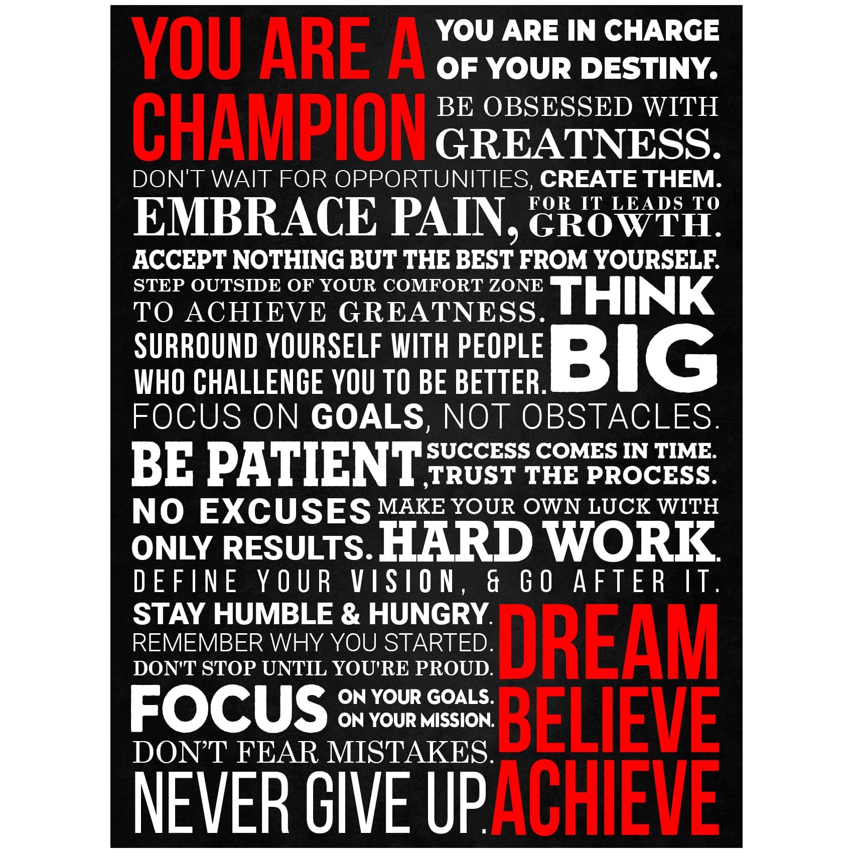 HoneyKICK A Champion's Mantra Motivational Poster, 12” W x 16” H, Positive Quotes, Inspirational Wall Art Décor For Home, Bedroom, Office, Gym (Unframed Cardstock)