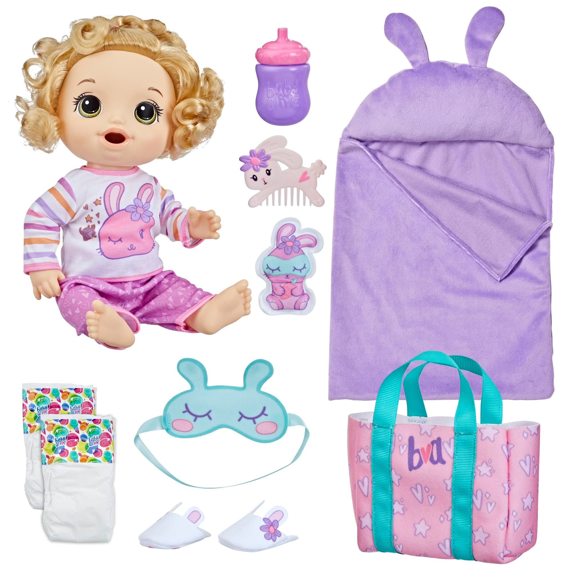 Bunny Sleepover Baby Doll, Bedtime-Themed 12-Inch Dolls, Sleeping Bag & Bunny-Themed Doll Accessories, Toys for 3 Year Old Girls and Boys and Up, Blonde Hair (Amazon Exclusive)