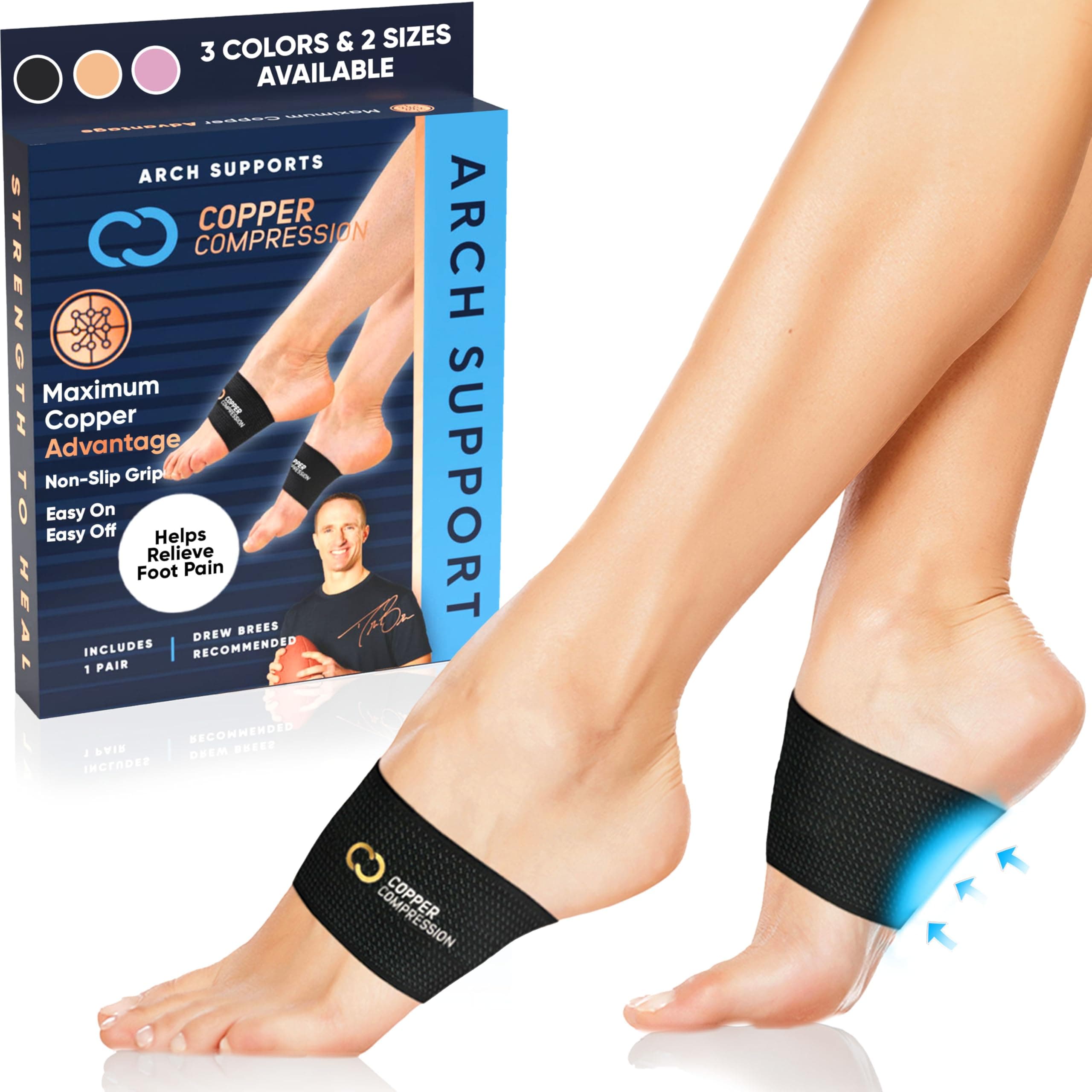 Copper Compression Copper Arch Support - 2 Plantar Fasciitis Brace/Sleeve Foot Care, Heel Spurs, Foot Pain Relief, Flat & Fall Arch, High Arch, Flat Feet (1 Pair Black - One Size), 2 Count (1 Pack)