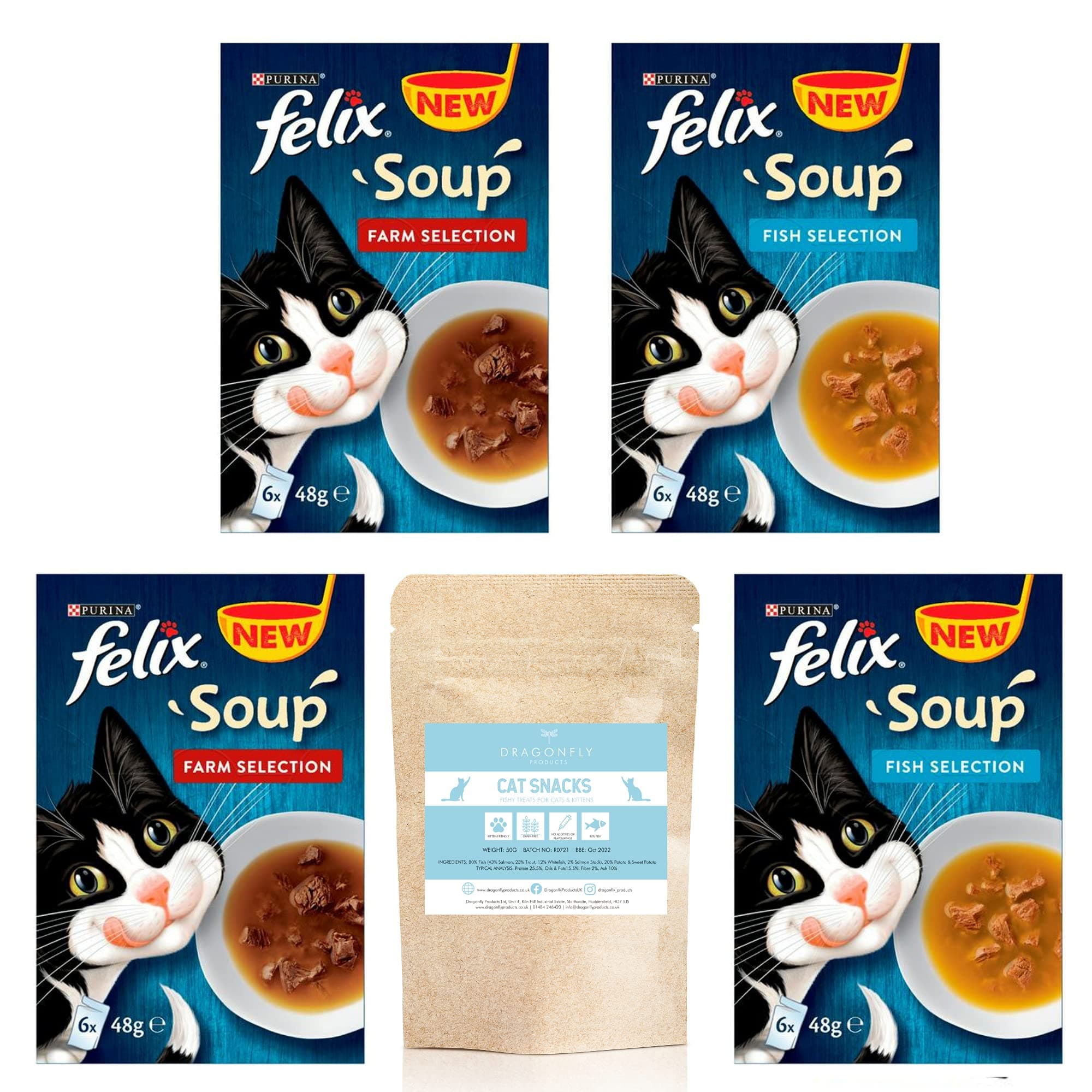 GOURMET Soup Adult Cat Mixed Pack Salmon & Vegetable (4x40g), Chicken (4x40g), Fish (4x40g) 12 pouches in total plus FREE sample of 'Cats Delight' Fish & Sweet Potato Natural Treats