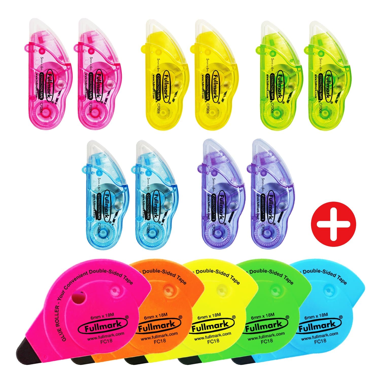 Fullmark Permanent Double Sided Glue Tape/Craft Adhesive Glue Roller Neon 5 pcs + Free Correction Tape D 10 pcs