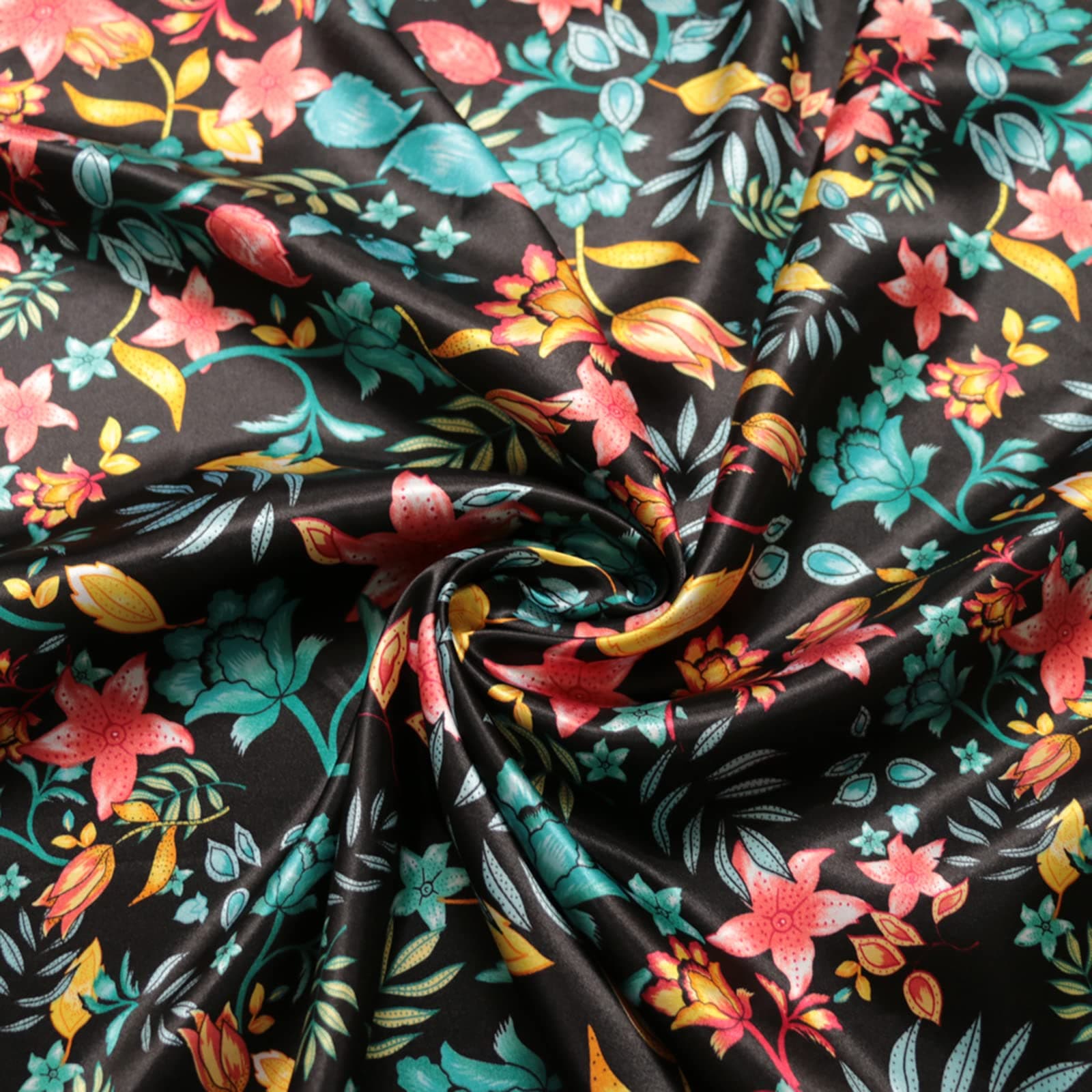 Vintage Printed Satin Fabric Silk Charmeuse Material for Scarf Dress Lining Sewing Material DIY Decorative Satin Charmeuse Cloth (Black)