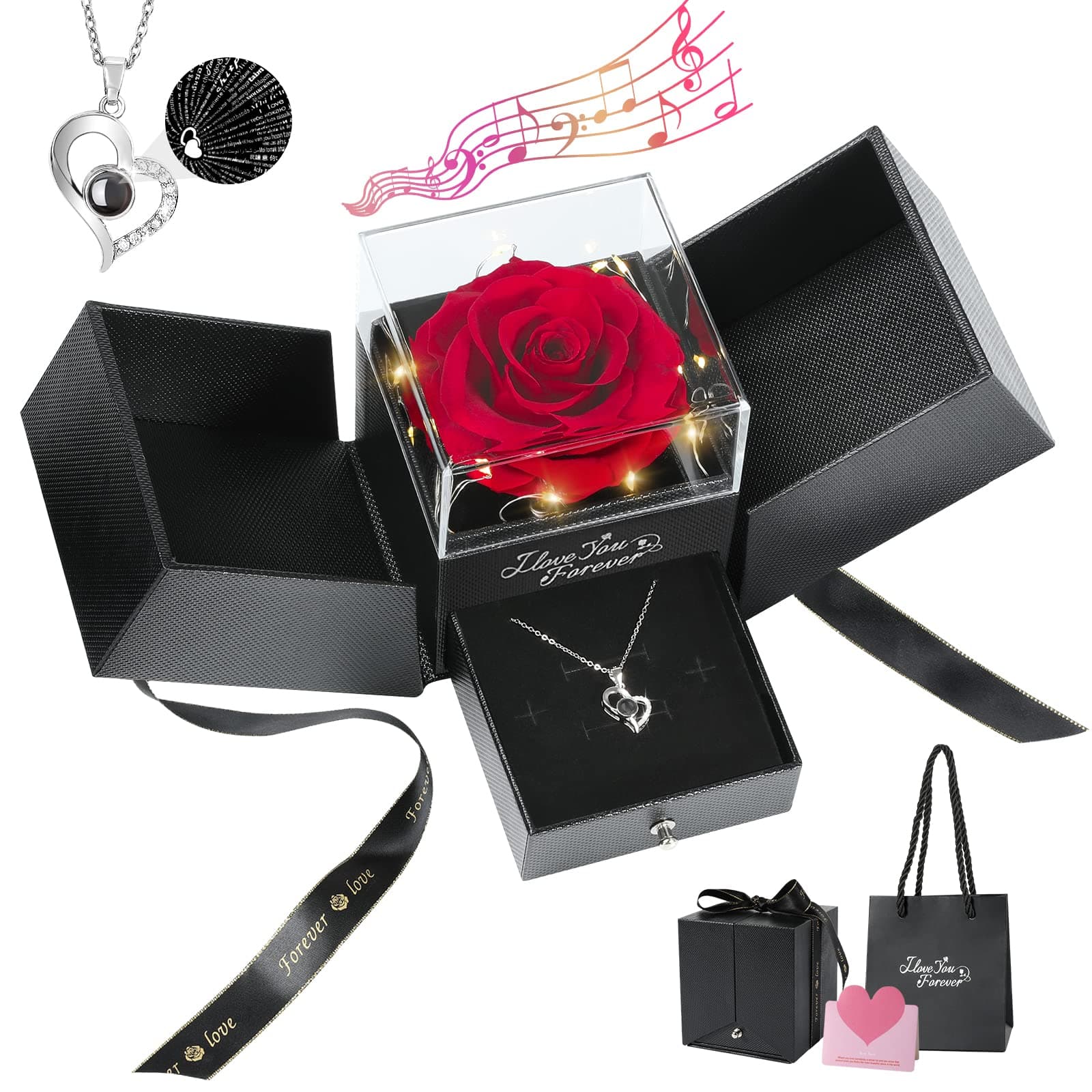 Preserved Red Rose with I Love You Necklace Music & Light