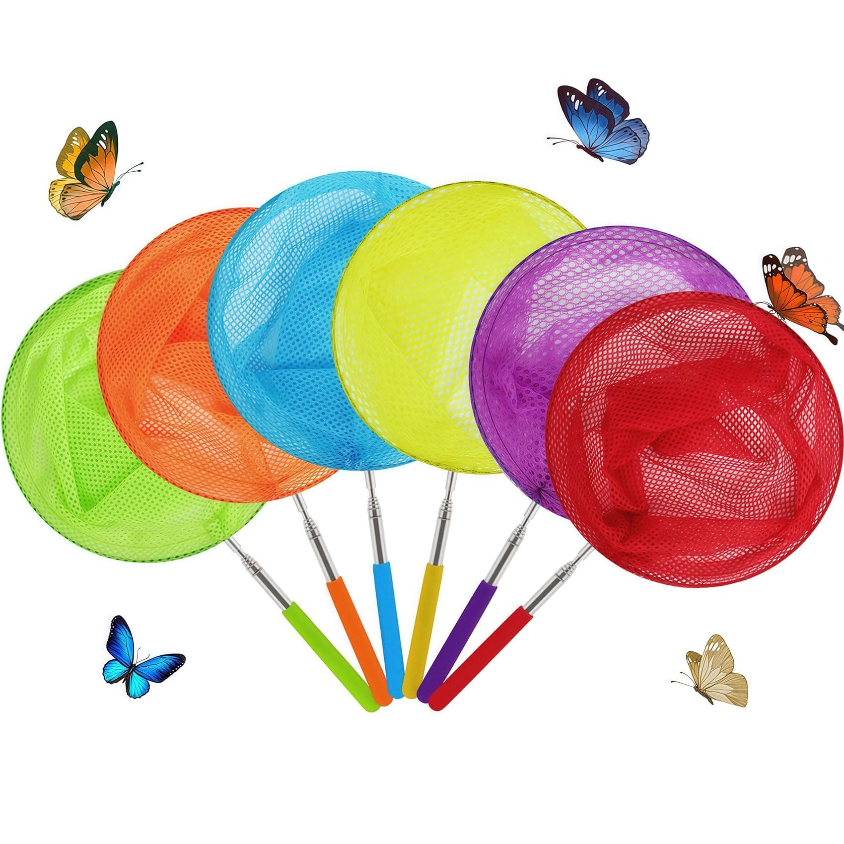 Skrtuan Telescopic Butterfly Fishing Net - 34" Extendable Kids Insect Catcher with Anti-Slip Grip, Outdoor Bug Catching Tools for Toddlers (6 Pack)