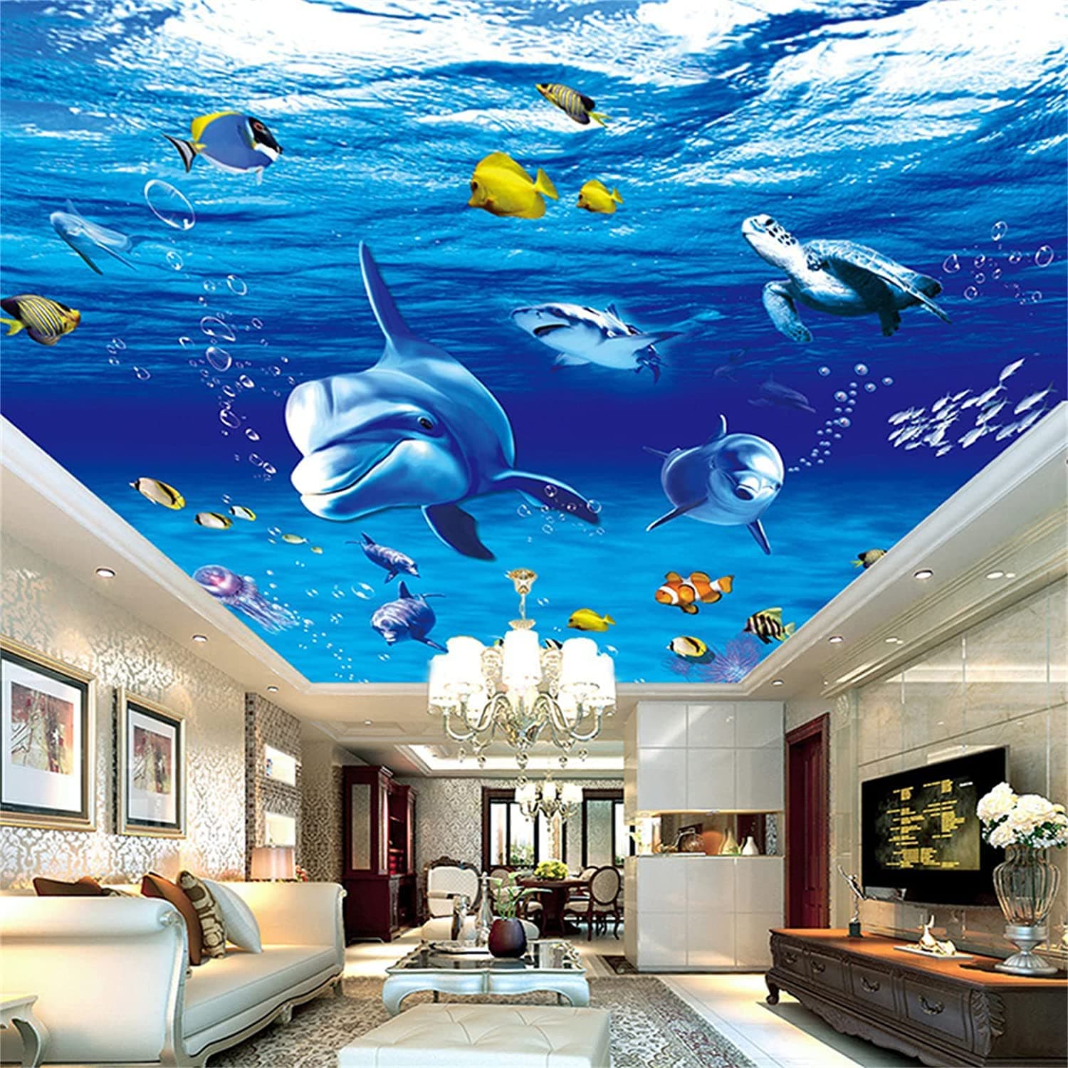 3D Cartoon Ocean World Ceiling Mural, Removable Wallpaper Wall Decor Mural Boys Girls Kids Room Living Room TV Sofa Background Decoration