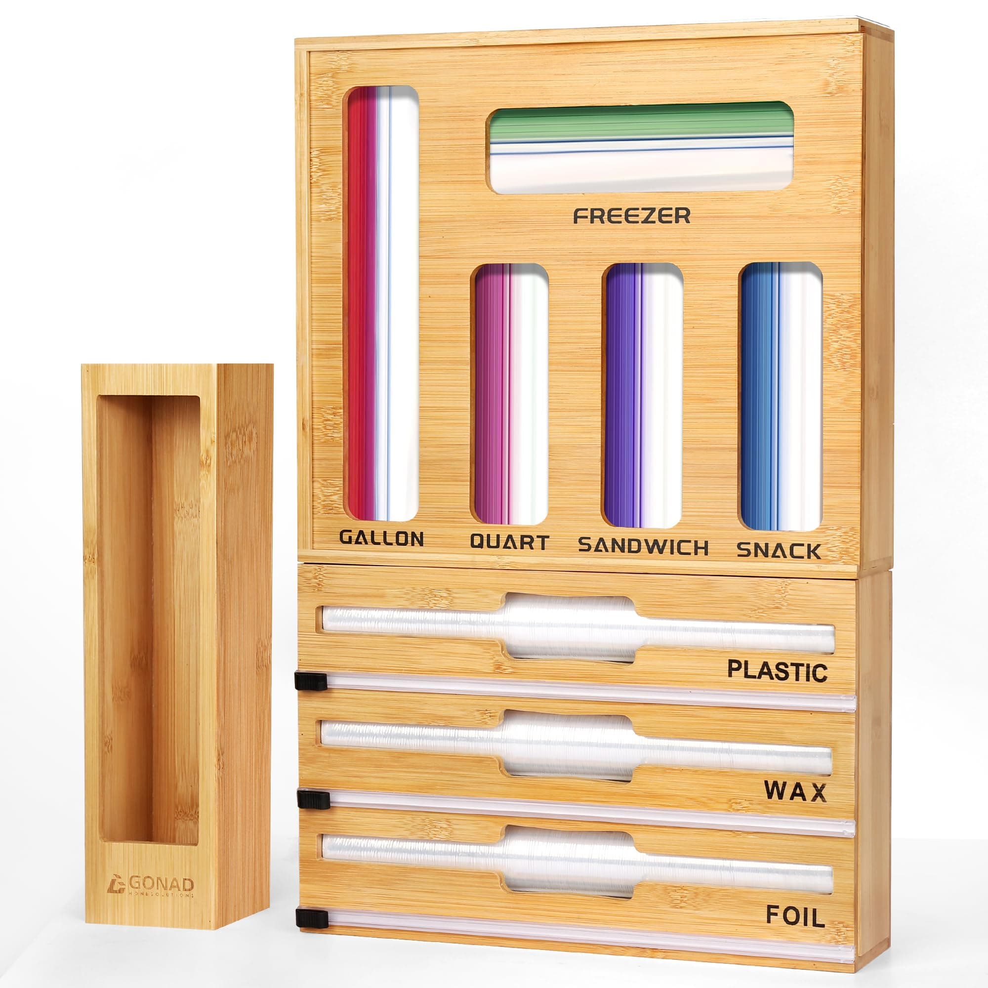 GONAD Storage Bag Organizer - Foil & Plastic Wrap Organizer with Cutter, Kitchen Storage Compatible with Gallon, Quart, Sandwich, Snack Bags & Aluminum Foil & Wax Paper, NATURAL