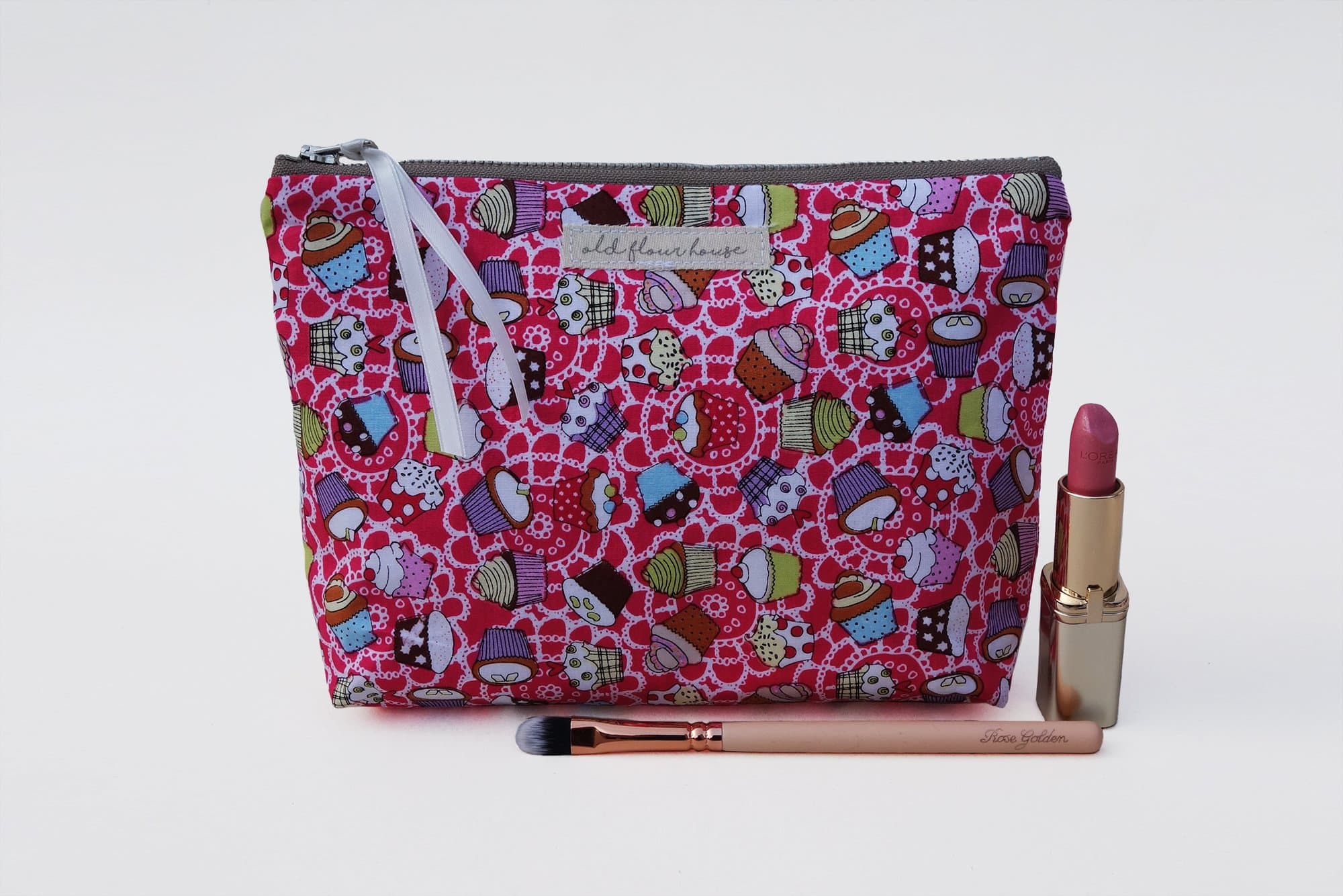 Pink Cupcake Print Makeup or Cosmetics Bag, Old Flour House