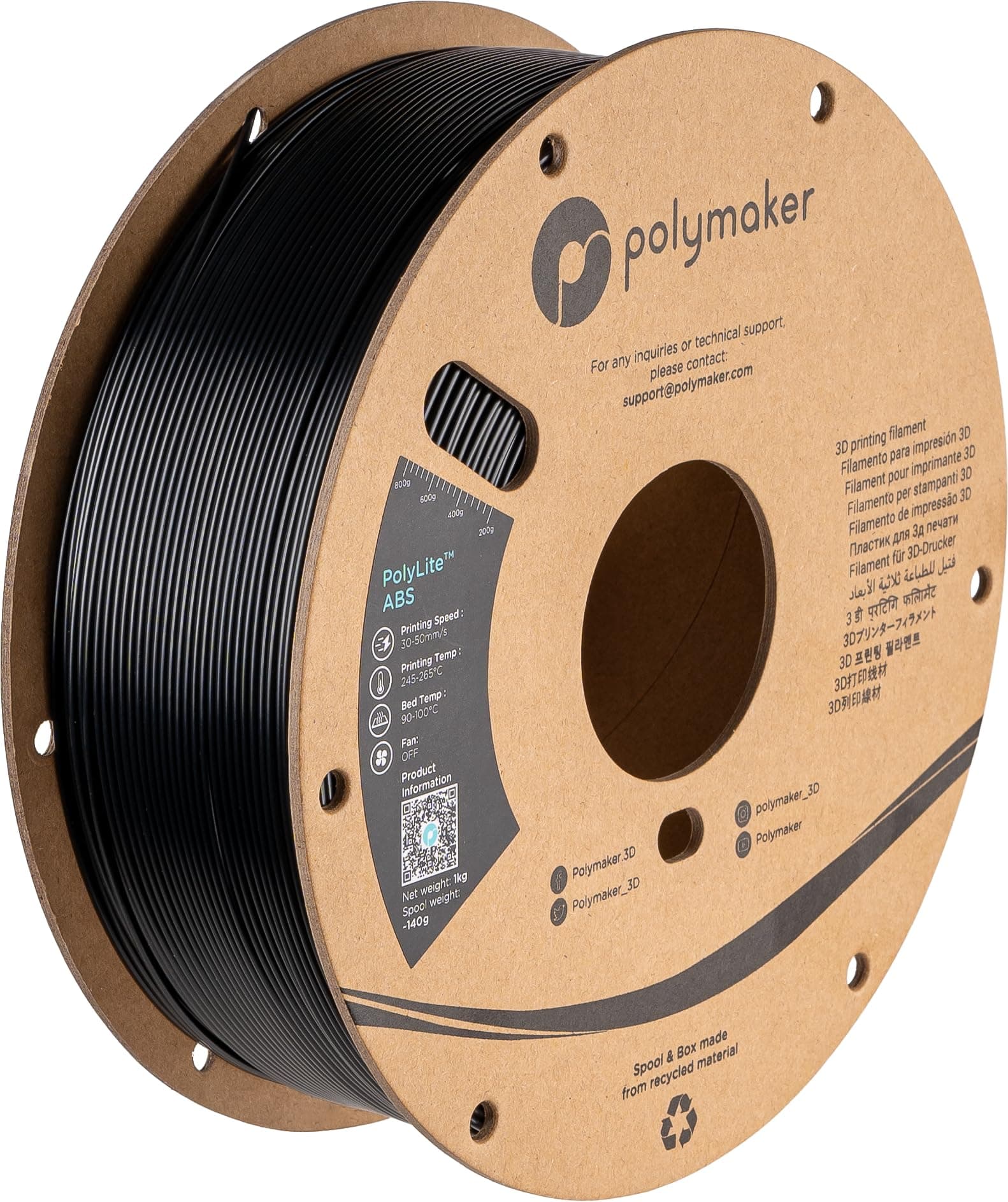 ABS Filament 1.75mm Black ABS, 1kg Heat Resistant ABS Cardboard Spool - PolyLite ABS 3D Filament 1.75mm Black Filament
