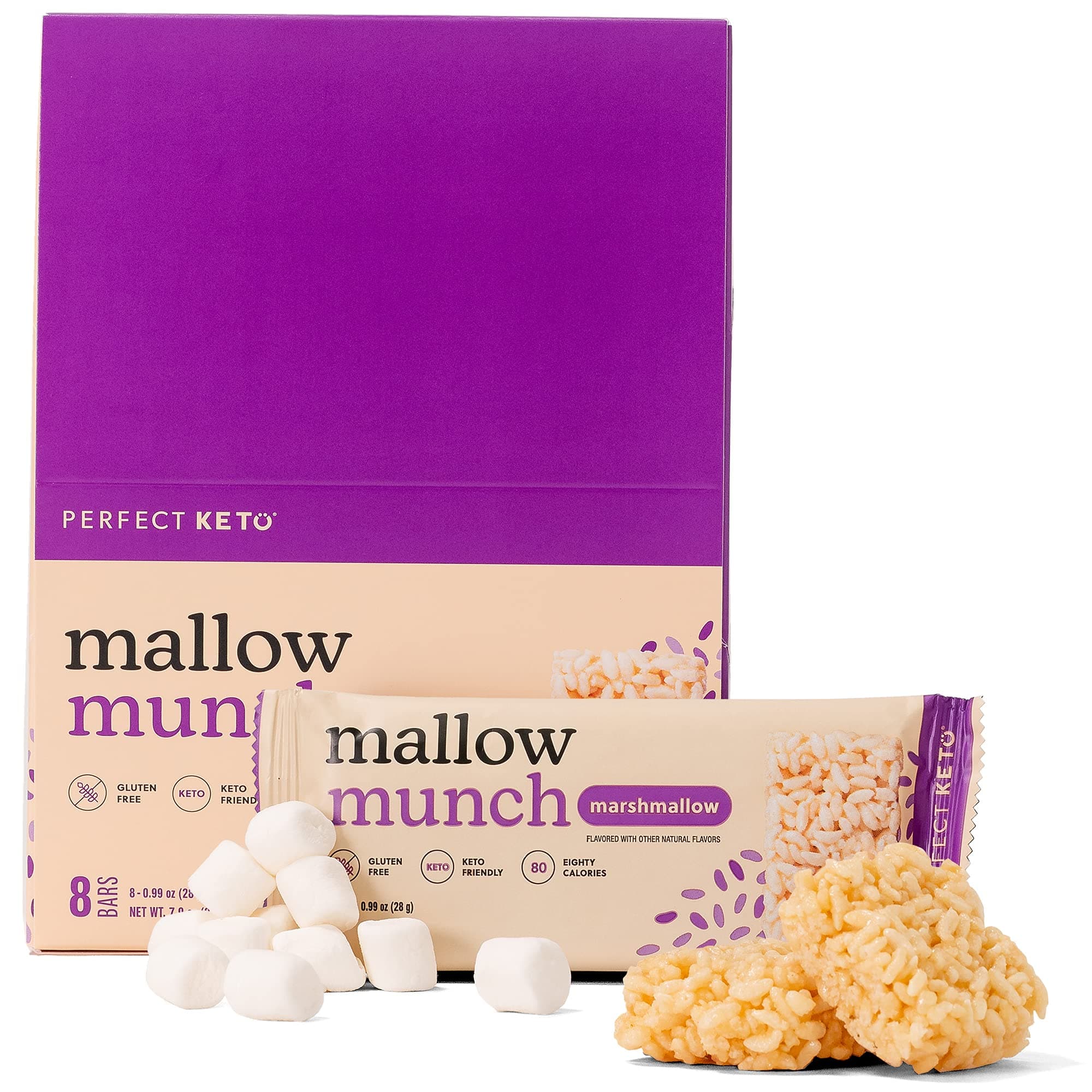 Mallow Munch, Gluten Free, Cereal Bars, Breakfast Bar, Rice-Free, Low Sugar, Low Carb, Crispy, High Protein Snack, Healthy Snacks, 9g Protein, 2g Net Carbs, Original Marshmallow, 8 Pack