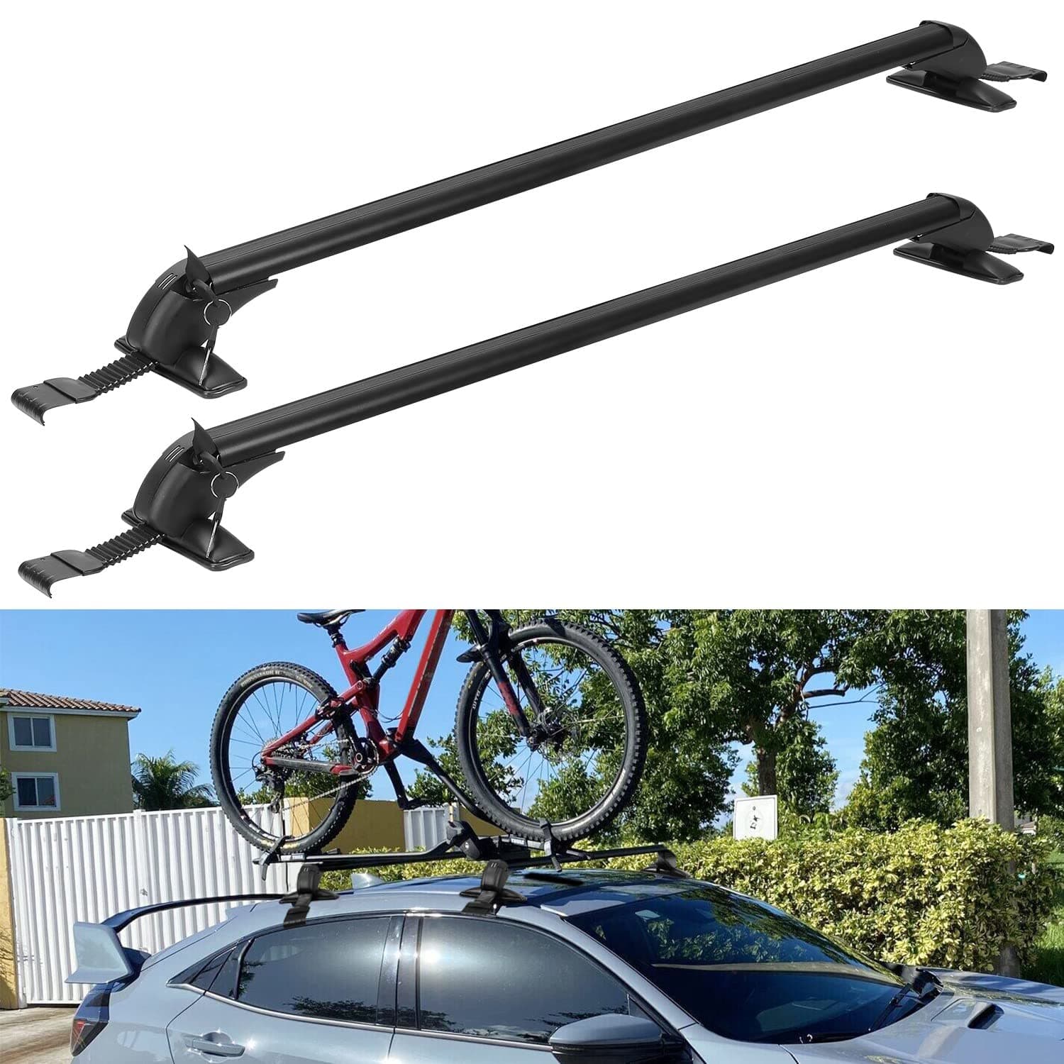 Car Roof Rack Cross Bar with Anti-Theft Lock Adjustable Window Frame for Bike Kayak Cargo Luggage, Distance Between The Rain Gutters is 42.91in to 44.88in(2PCS)
