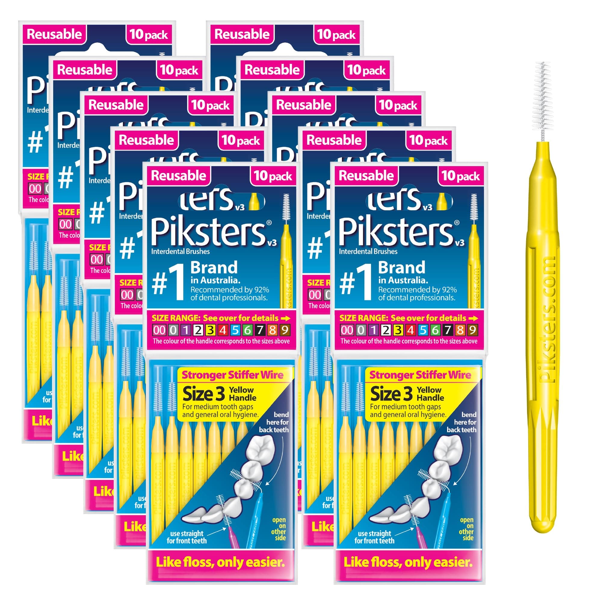 Interdental Brushes, Size 3, 100 Count (10 x 10 Packs), Interdental Tooth Brush for Medium Gaps, Gum Soft Bristles for Plaque Removal, Safe for Braces (100 pk)