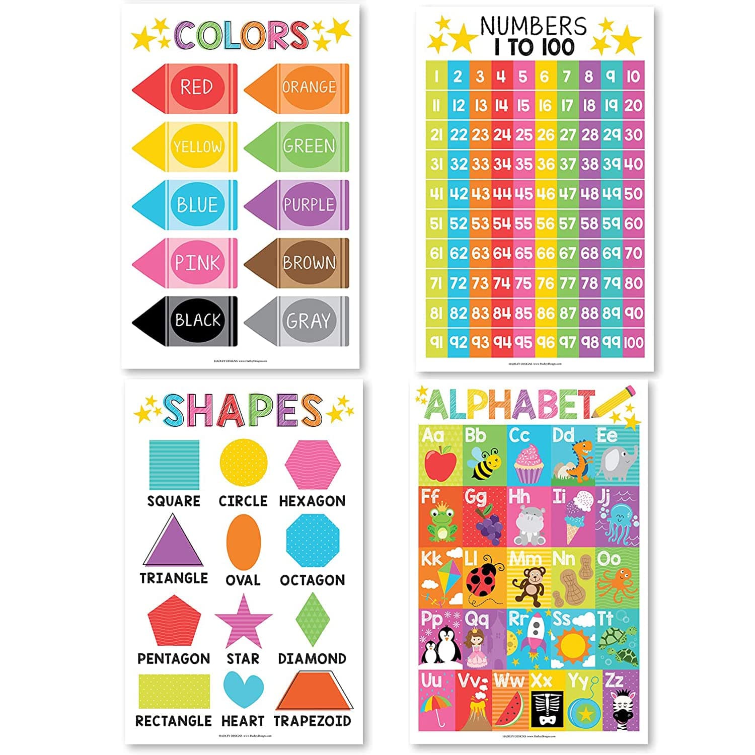 Educational Preschool Poster for Toddler and Kid 4 Pcs, Alphabet Numbers Colors Shapes, Classroom Learning Alphabet Poster, Nursery Homeschool Kindergarten, Laminated Educational Supplies 11x17inch
