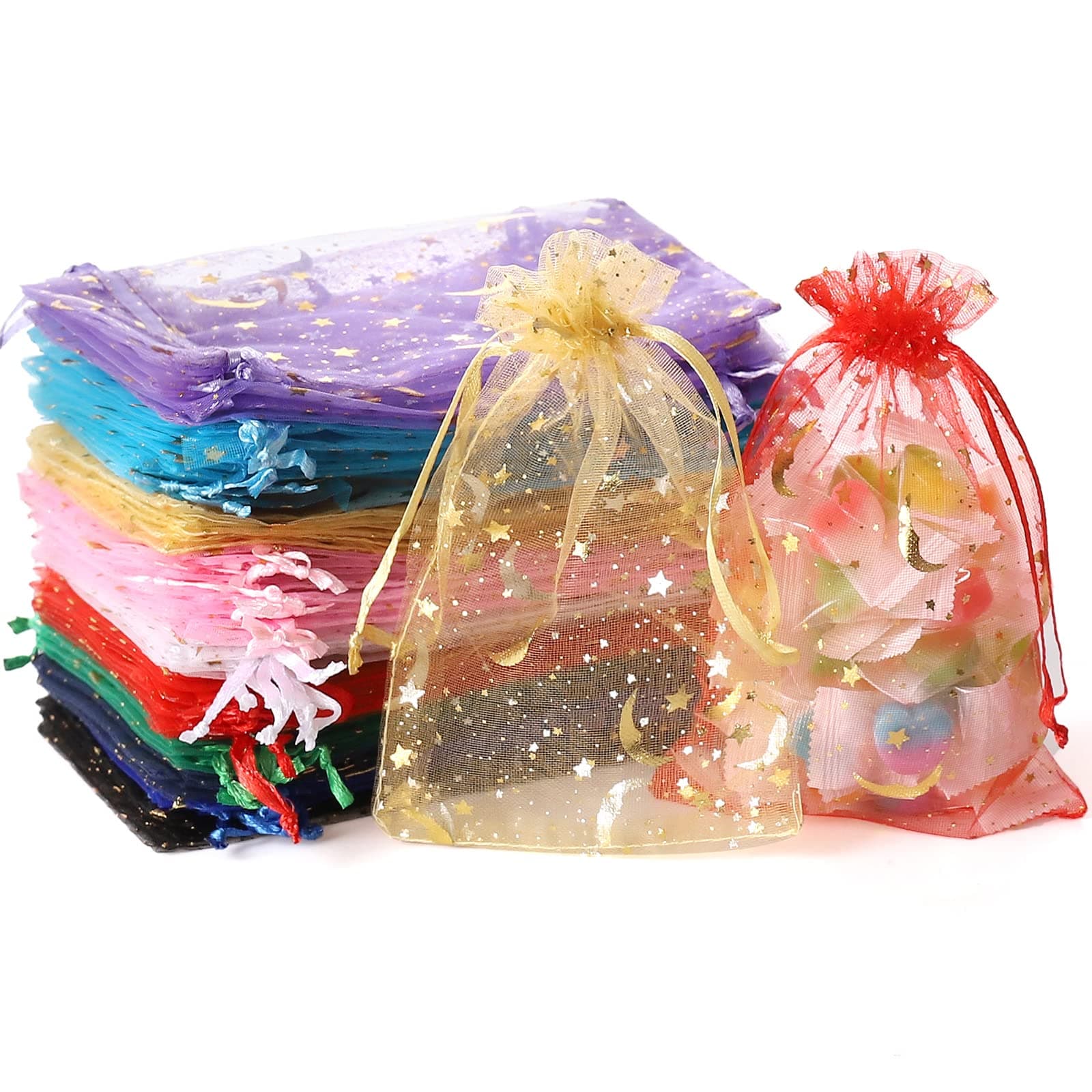 100PCS Moon Star Organza Bags, 4x6" Wedding Favors Bags with Drawstring, Mixed Color Little Mesh Candy Gift Pouches for Party, Jewelry, Christmas, Festival, Eid Mubarak Party Favor Bags