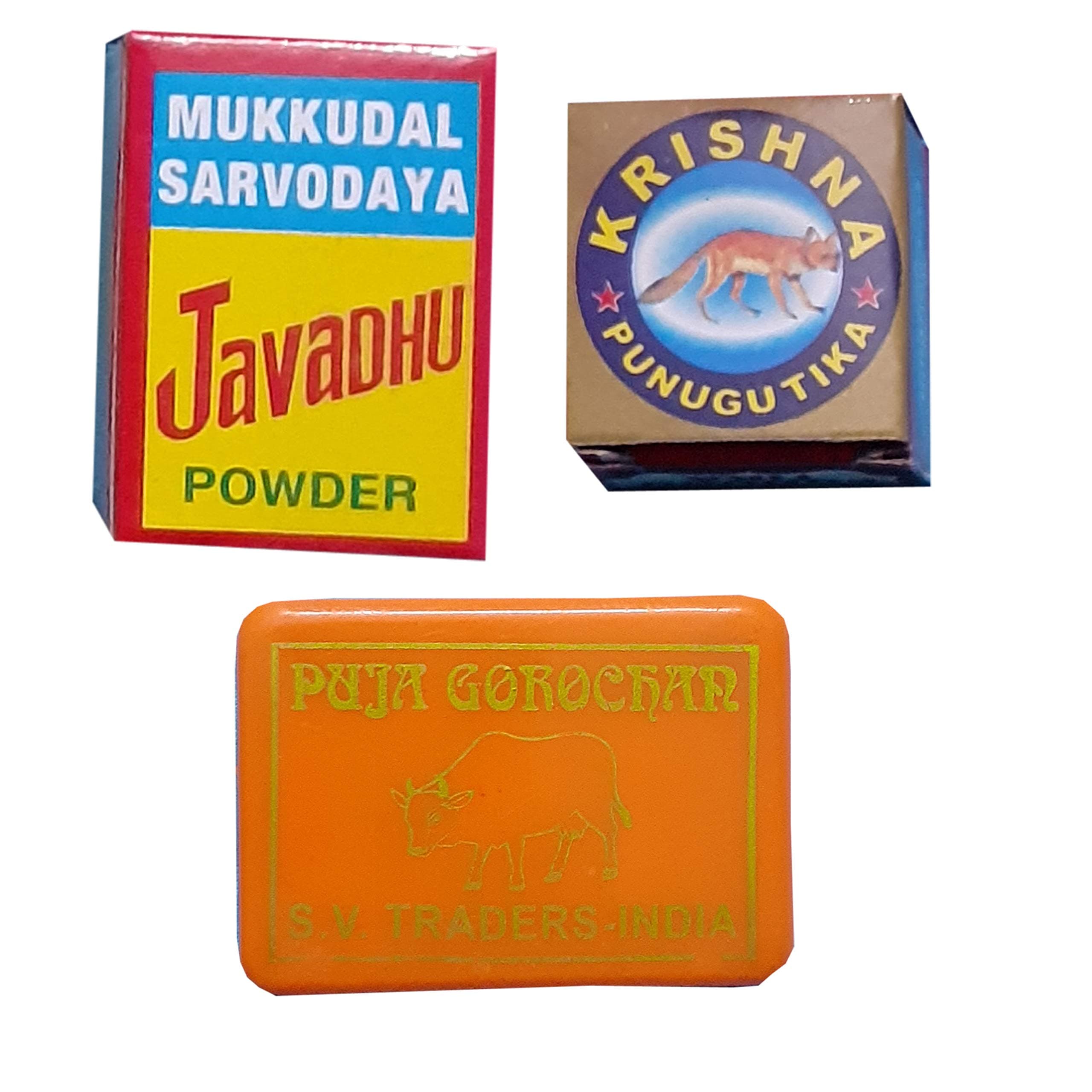 GKS Pooja Pack of 3 Items - Javadhu Perfume Powder, punugu Paste, Gorojanam Powder(Small Pack) , Multicolor