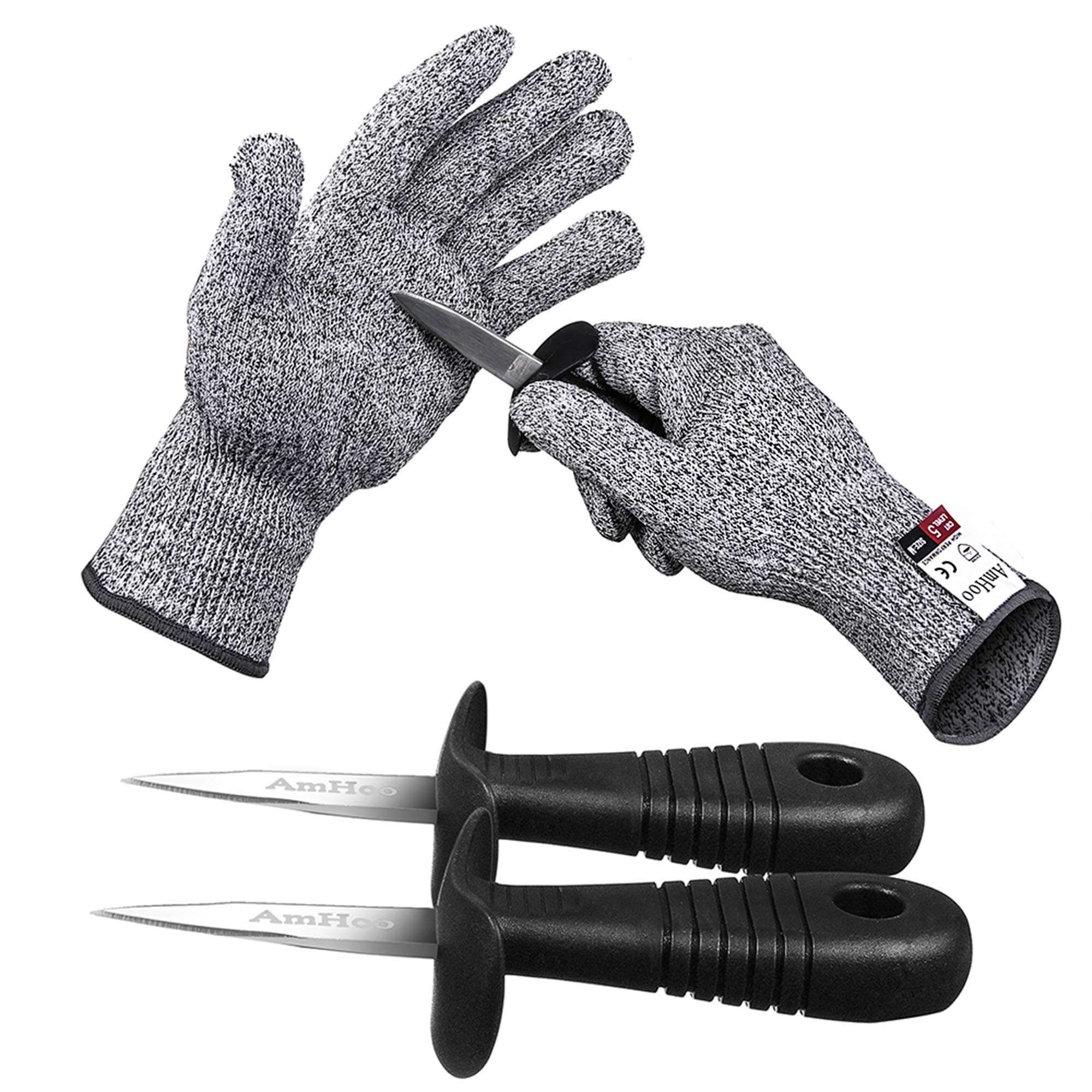 AmHoo Oyster shucking Knife Set Shucker Cut Resistant Glove Level 5 Protection Stainless Steel Clam Shellfish Seafood Opener Food Grade 1 pair S gloves 2 knives