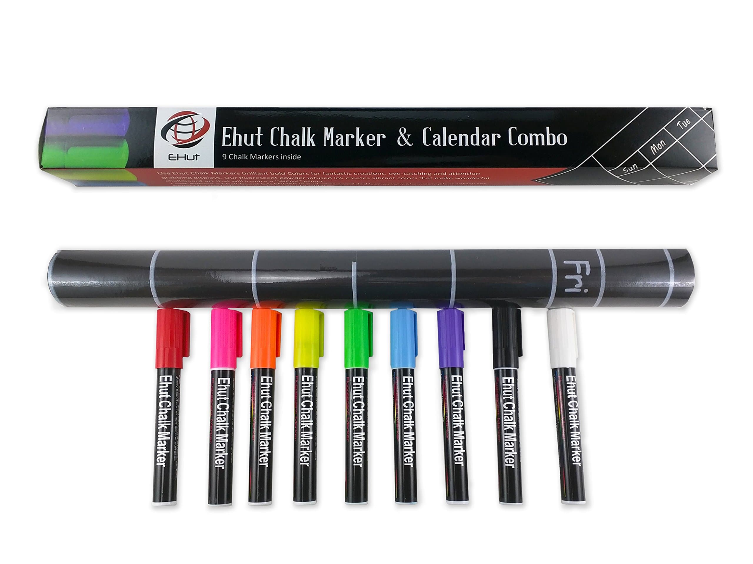 Chalkmarker & Chalkboard Calendar Set (9-Pack Liquid Chalk Markers) – Safe, Non-Toxic – Brilliant Colors, 6mm Reversible Tips – Odorless, Erasable Crafts Art Supplies for Kids – Water Based